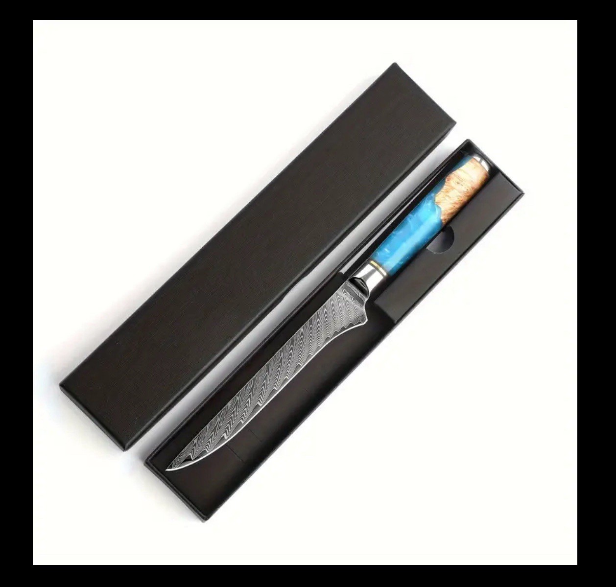 Damascus Steel Knife – 5 Piece Set – Unique Blue Resin Wood Handle w/ Gift Box