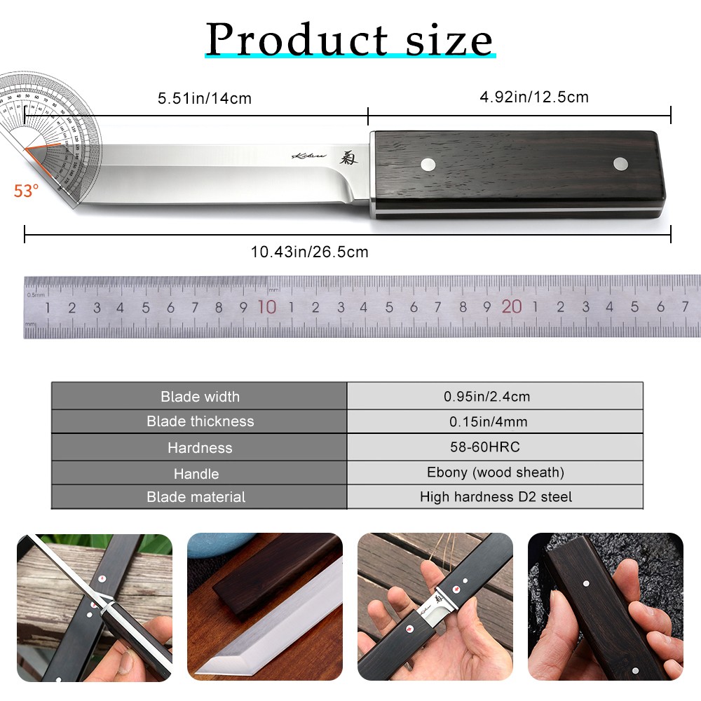 D2 Steel Fixed Blade Knife Samurai Straight Tanto Knife Sword Handmade Japanese