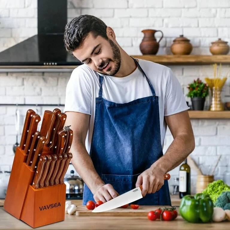 New VAVSEA 16-Piece Stainless Steel Kitchen Knife Set KS16 with Wood Block