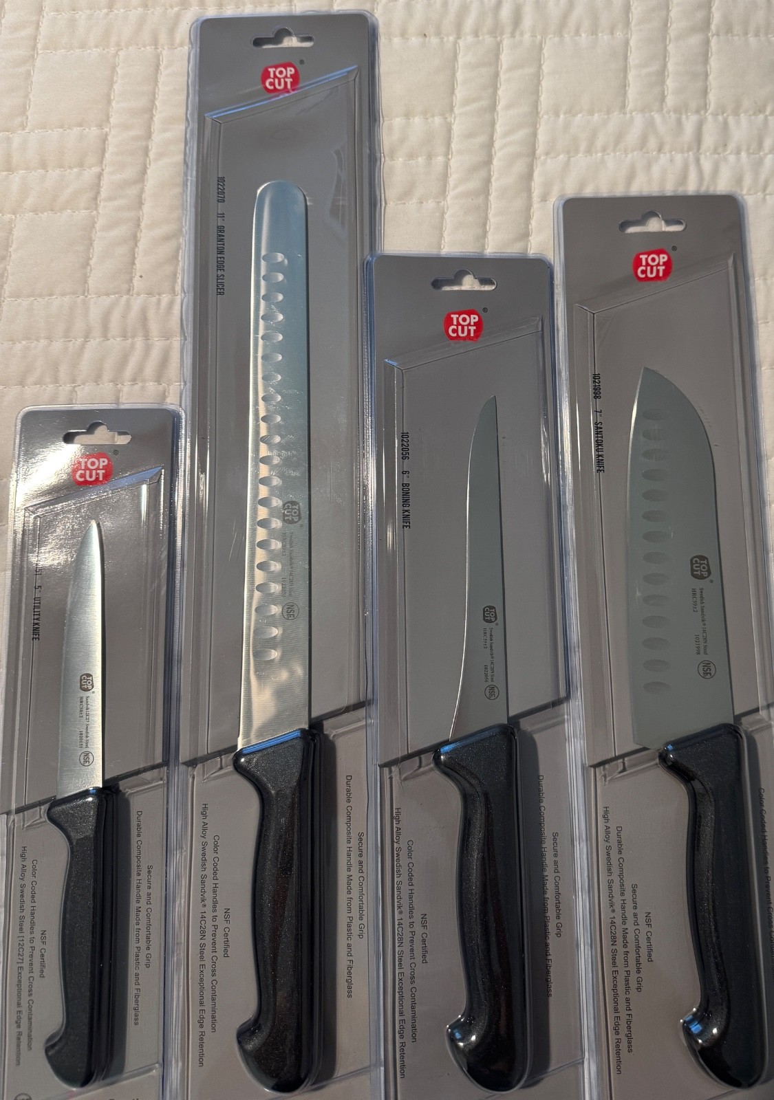 Top Cut Commercial Kitchen Knife Set 4 Pc NEW Sandvik Swedish Steel NSF Santoku