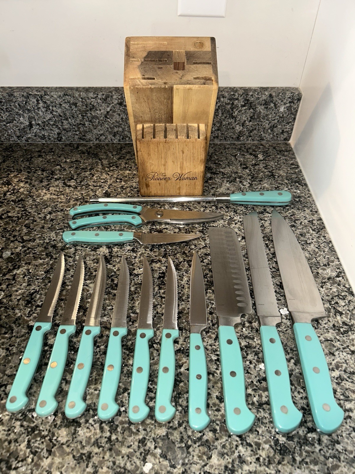 Pioneer Woman 13 Piece Knife Set Plus Block Blue Teal Handles Complete Set Used