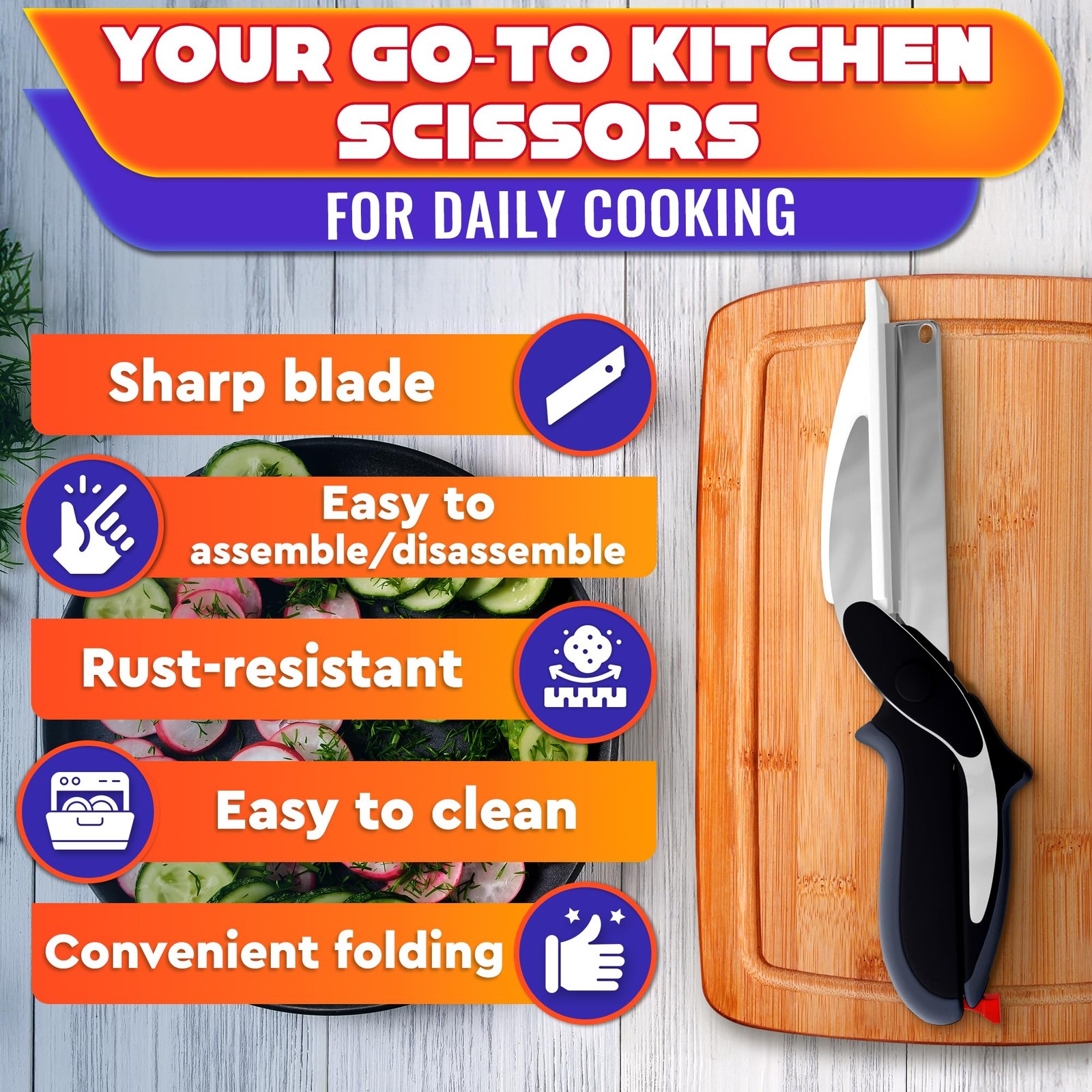 2 in 1 Kitchen Scissors for Food – Stainless Steel Blade & Plastic Cutting Bo…