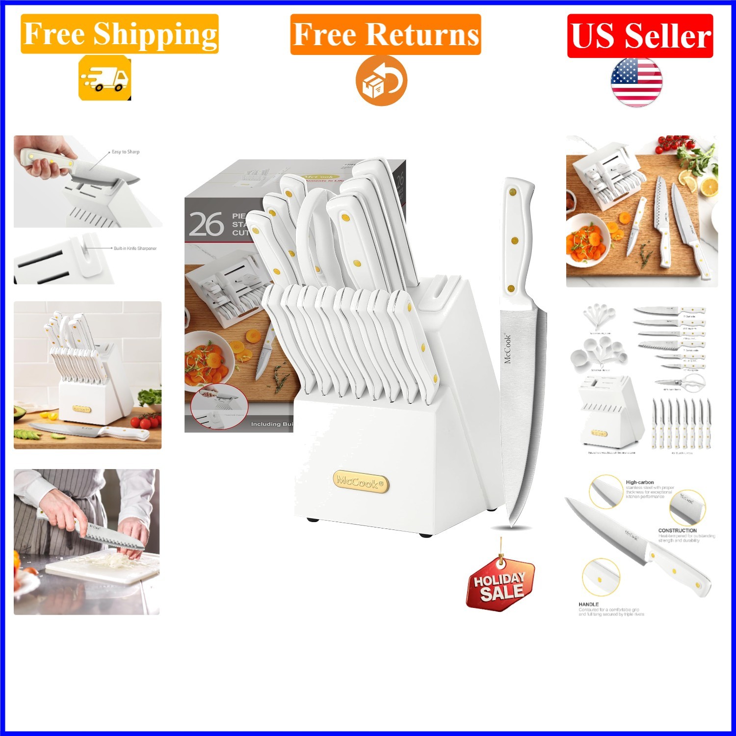 White 26-Piece High Carbon Stainless Steel Kitchen Knife Set w/ Built-in Shar…