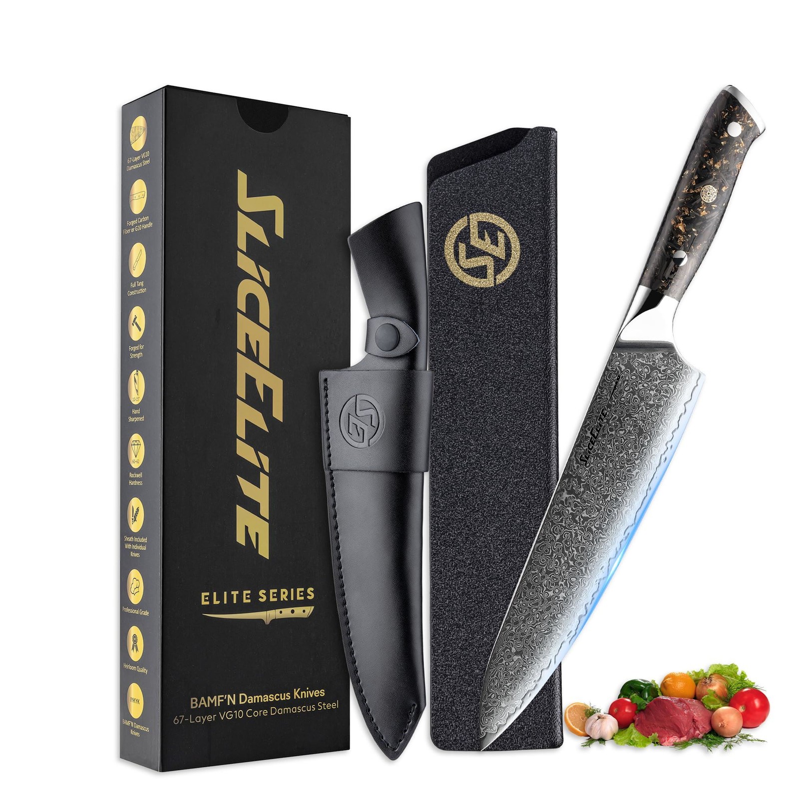 Elite 8” Damascus Chef Knife VG10 Steel, Carbon Handle, Sheaths