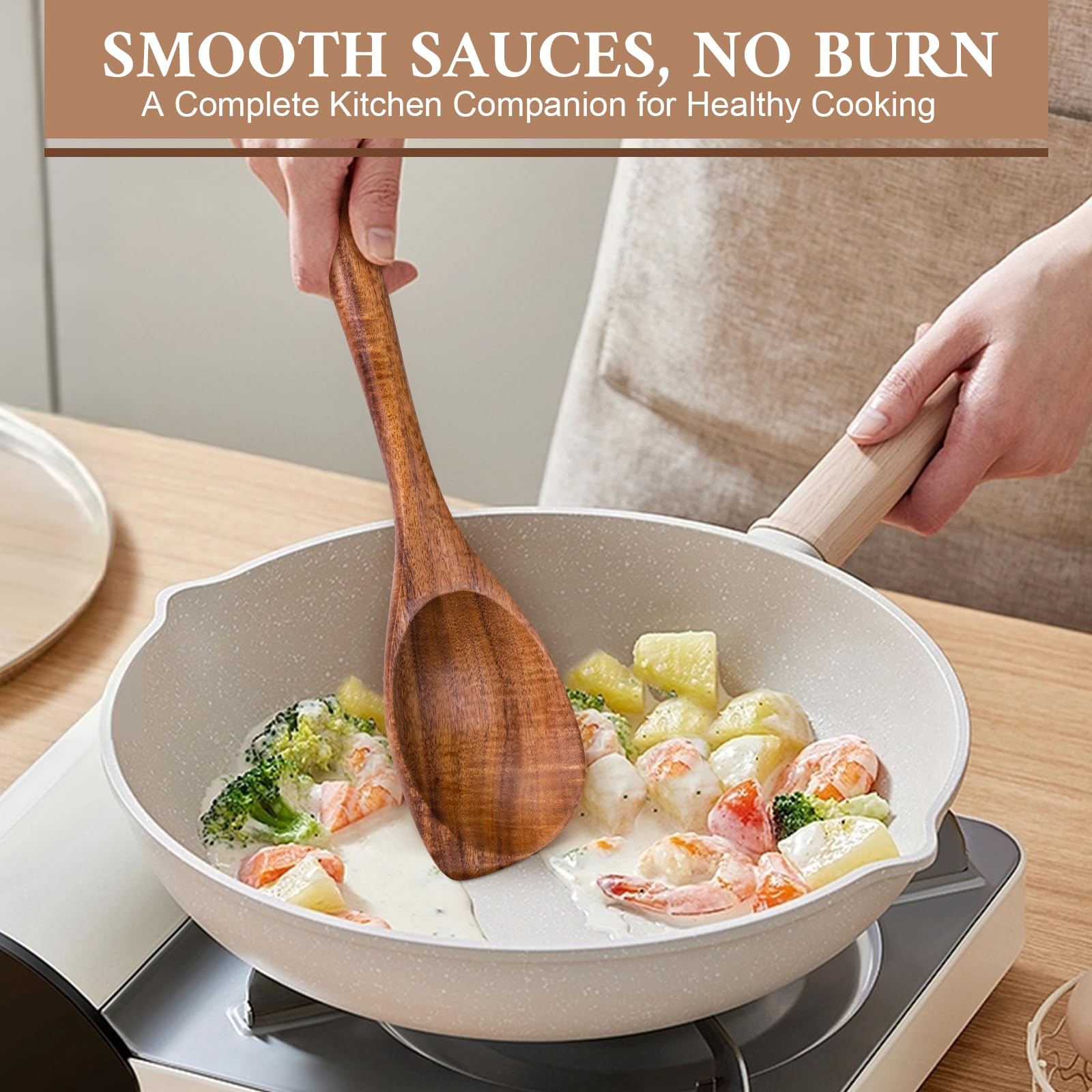 Vorisebo 7 Piece Wooden Spoons for Cooking, Natural Teak Wooden Utensils Set, Ha