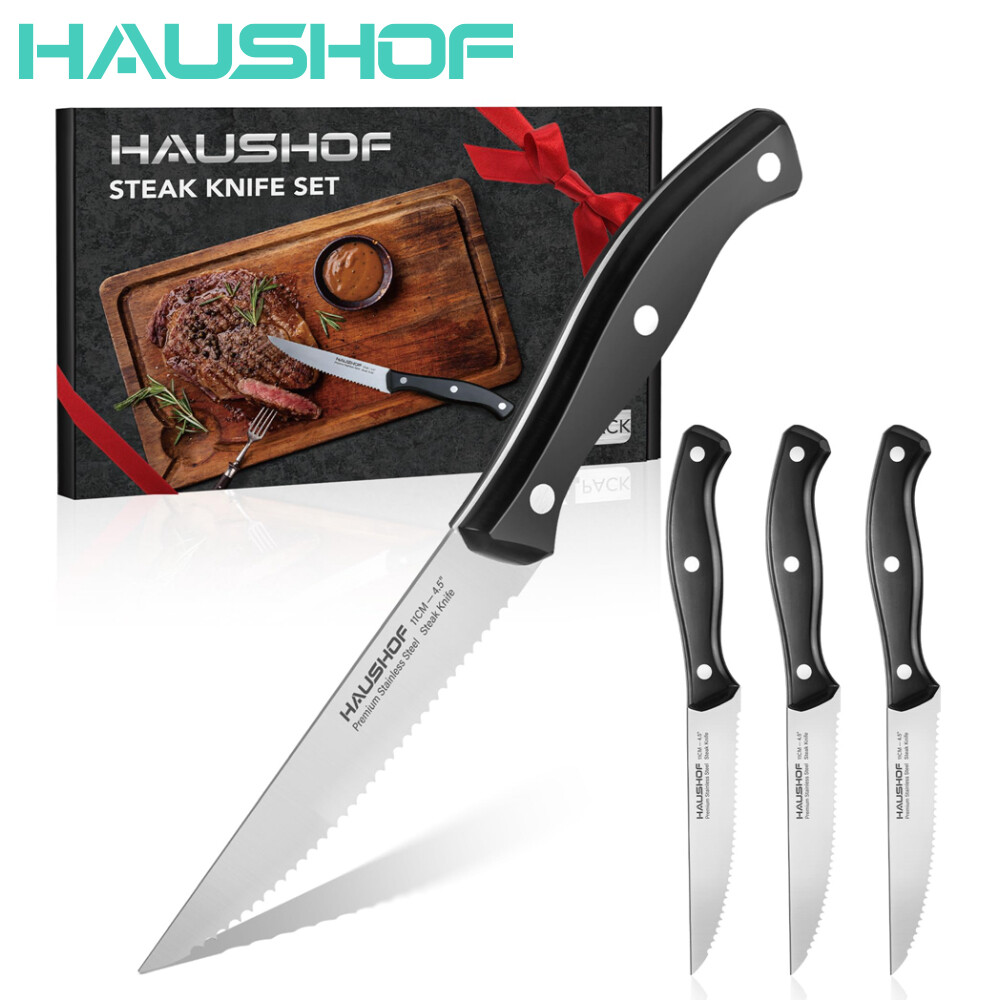HAUSHOF Steak Knives Set 4PCS Stainless Steel Knives Serrated 9″ Full Tang Knife