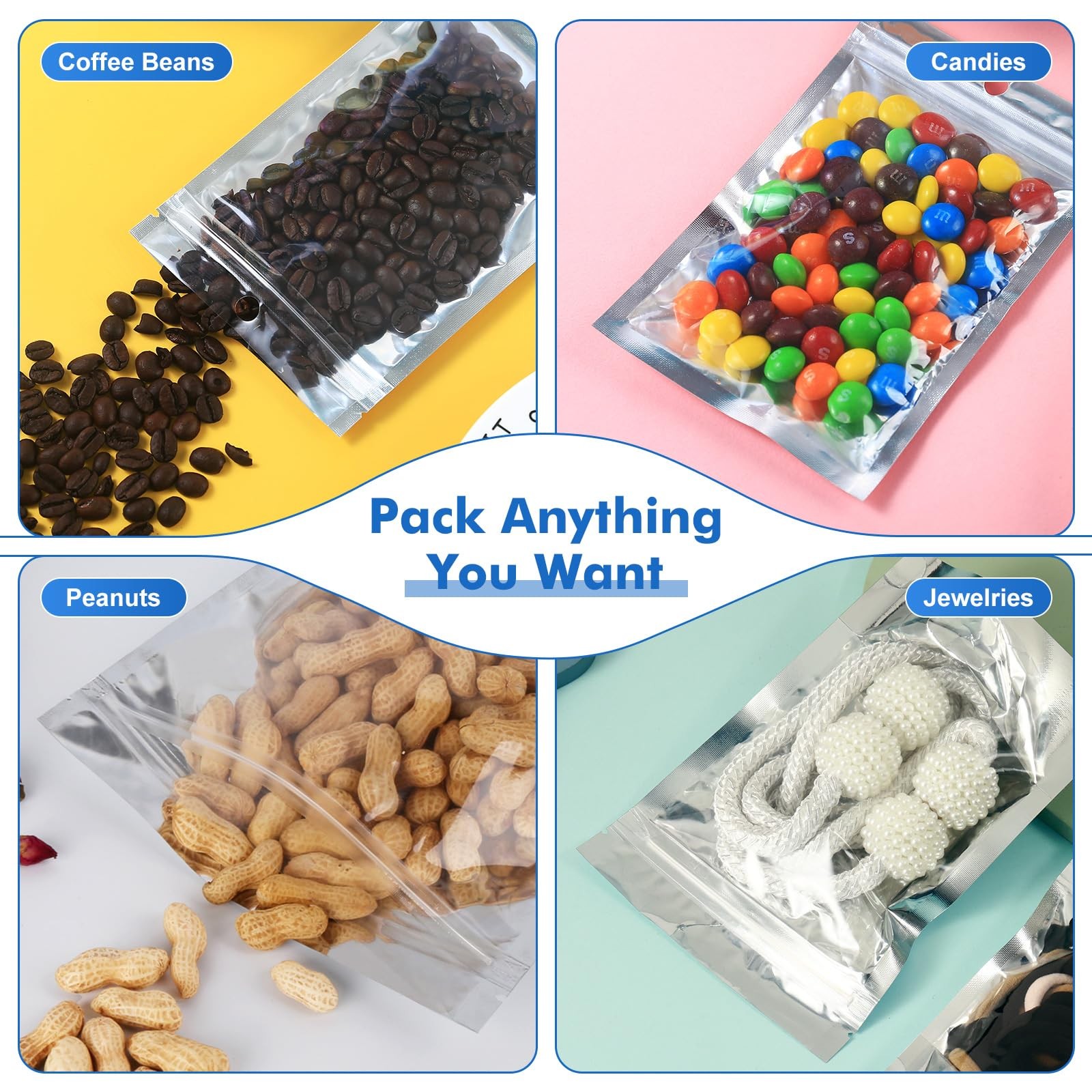 300PCS Large 7.9″x11.8″ Reclosable Mylar Bags for Food Storage Stand Up Pouch