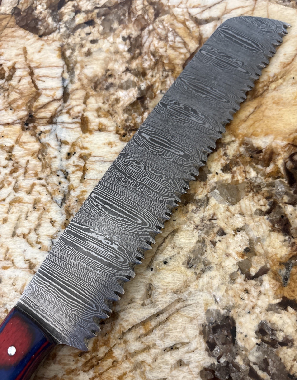 13” Damascus Serrated Bread Knife W/ Multi Colored Wood Handle & Leather Sheath