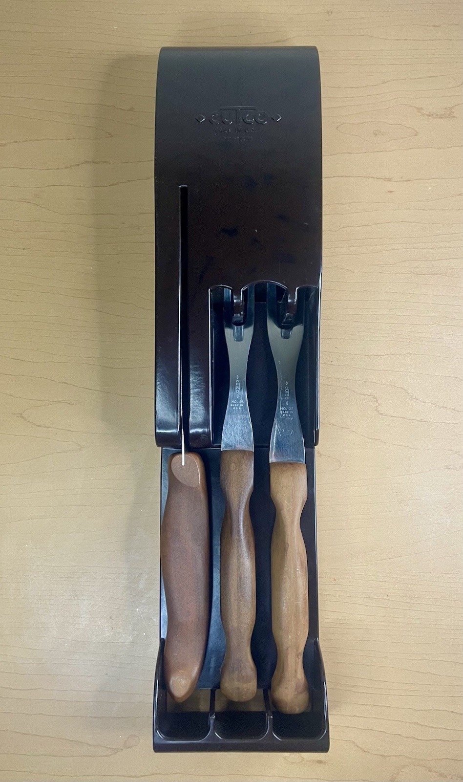 Vtg 60s 3 Set CUTCO Bakelite 1026 1027 Forks 1028 Spatula & Wall Rack Brown USA