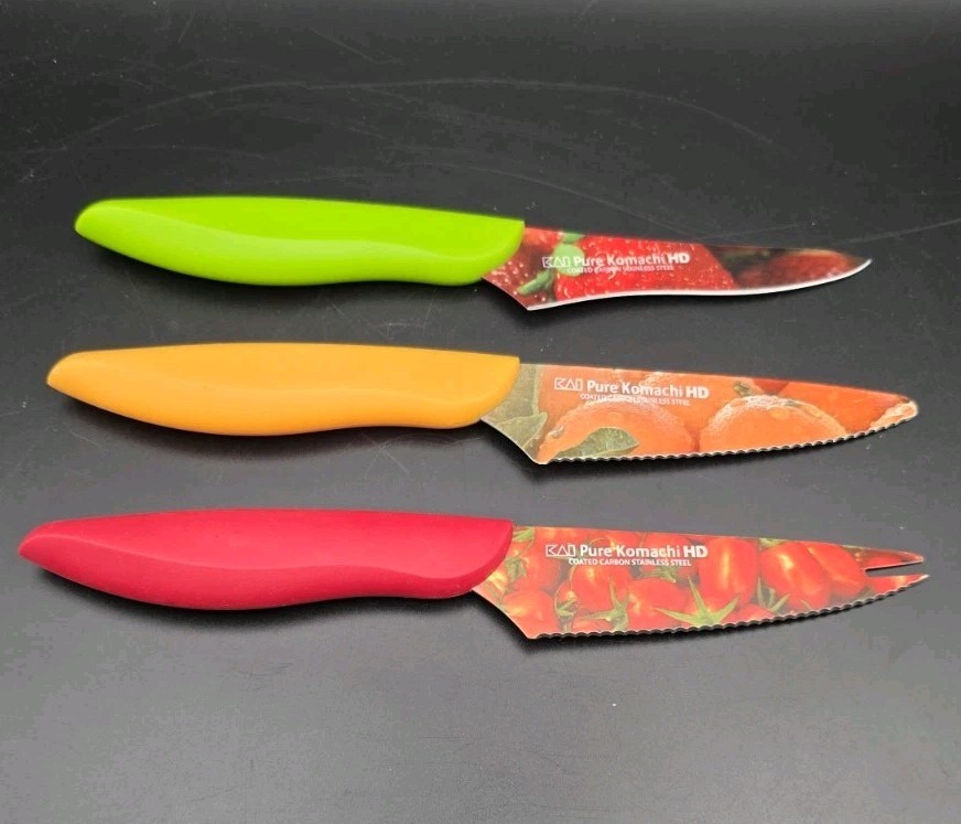 3 – KAI Pure Komachi 6″ Utility Knife 🍄‍🟫 Sheath Serrated & Paring Knives 🍓