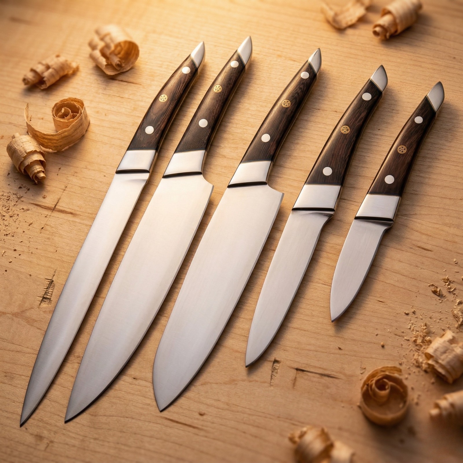Custom 5pc Kitchen Knife Set Handmade Rosewood Mosaic Pin Professional Chef Gift