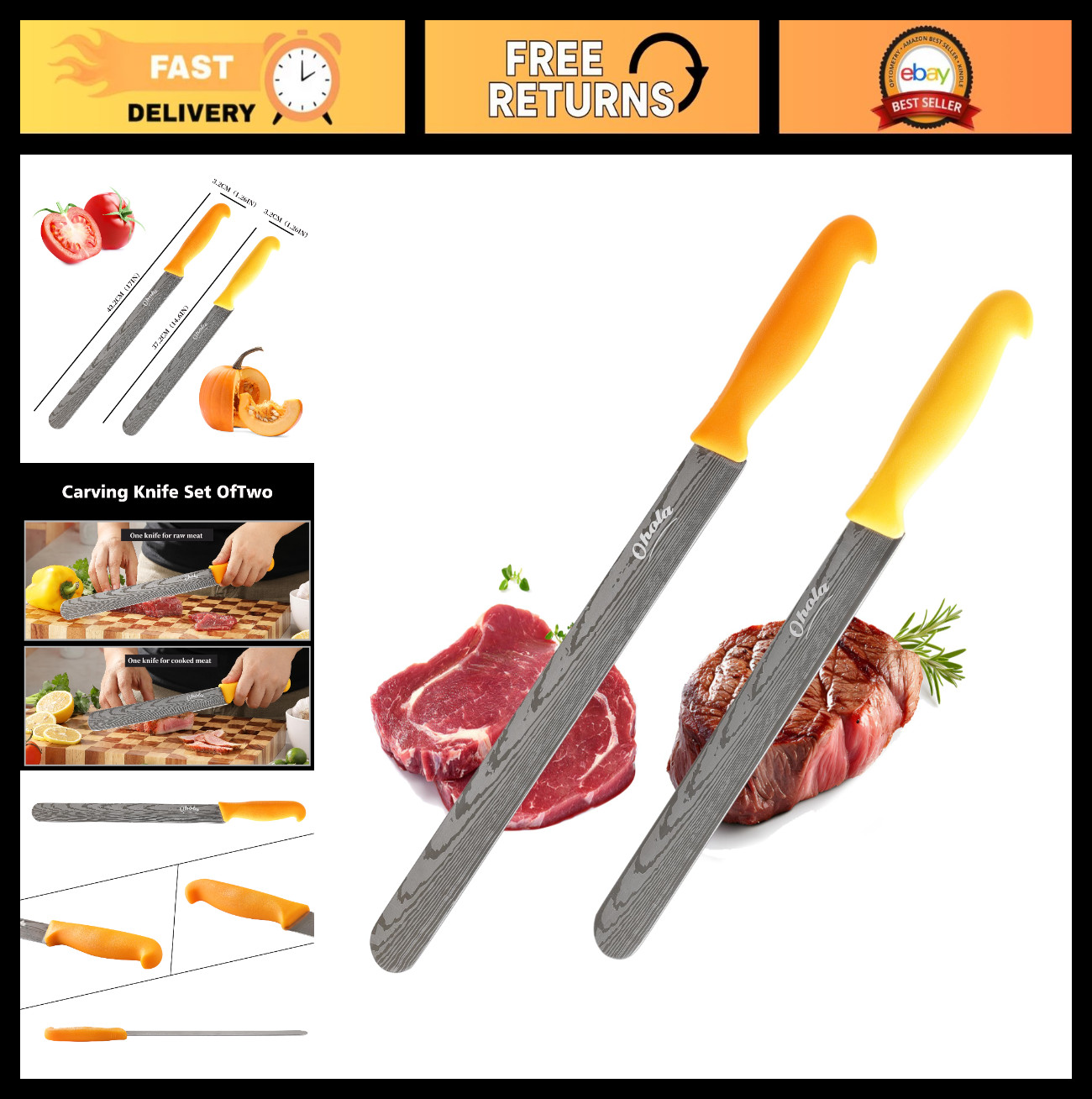 2PCS Premium Stainless Steel Carving Knives Set, 12″ & 10″ for BBQ, Brisket, Tur