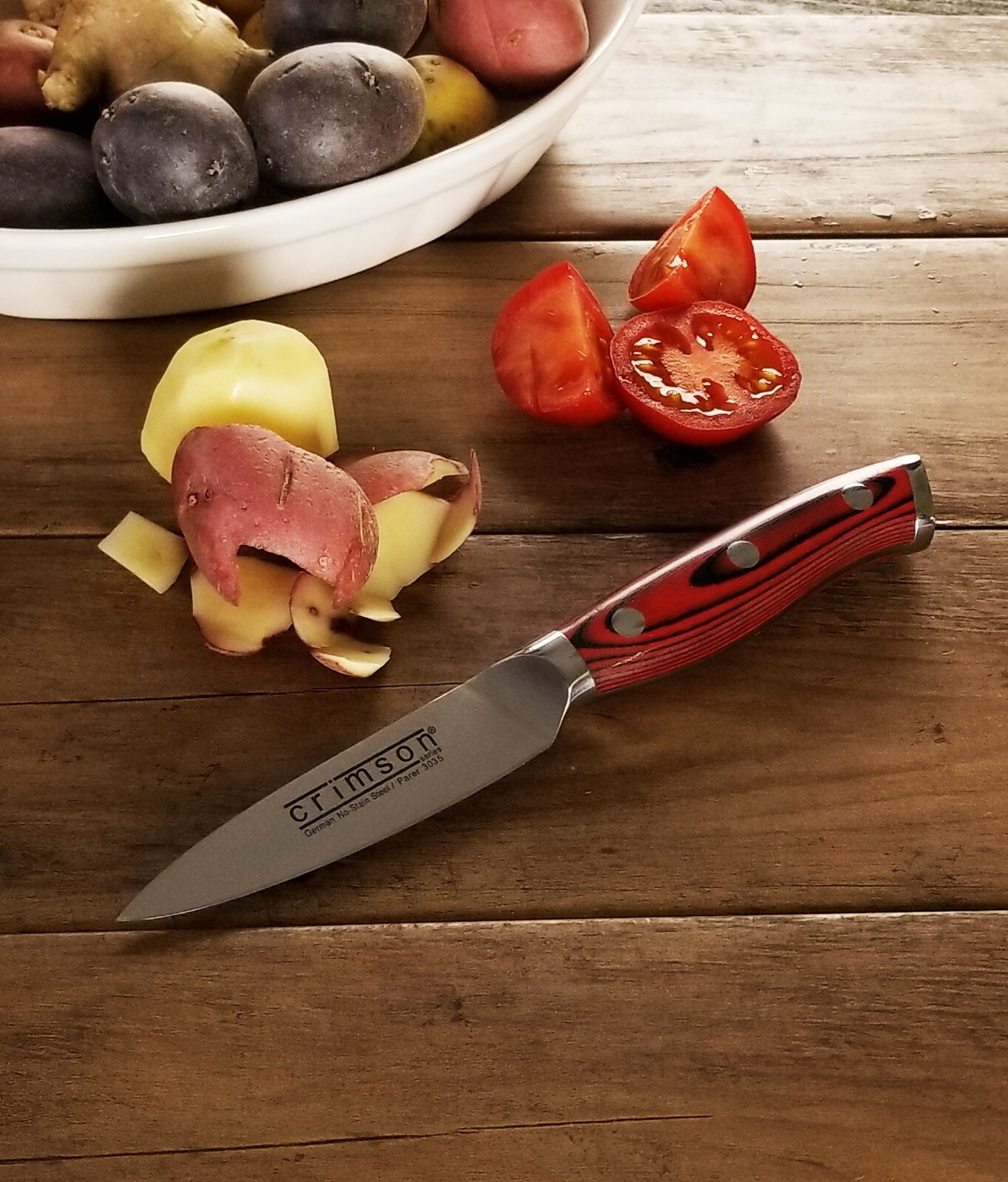 16 pc. Bamboo Block knife set G10 Handles German Steel CRIMSON Series Ergo Chef