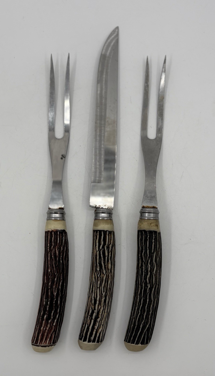 VTG Faux Horn Antler MCM Stag Carving Set, Knife & 2 Forks, Stamped, Japan