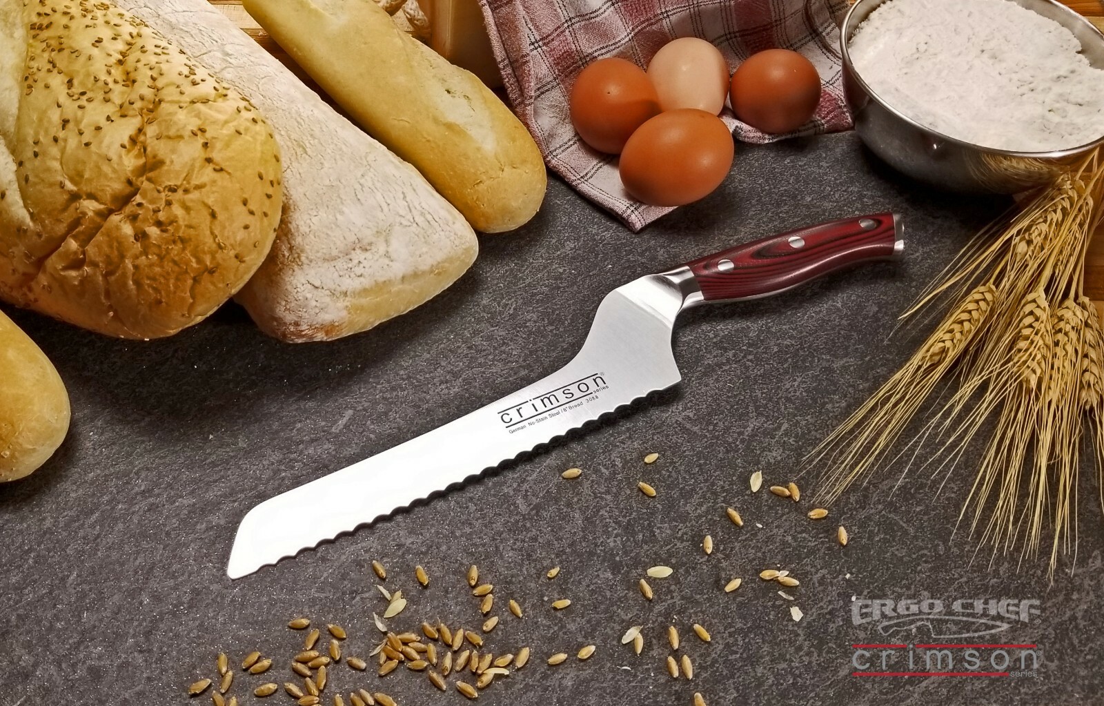 Ergo Chef Crimson Series Set 8″ Chef knife 8″ Off-Set Serrated Bread 3.5″ Paring