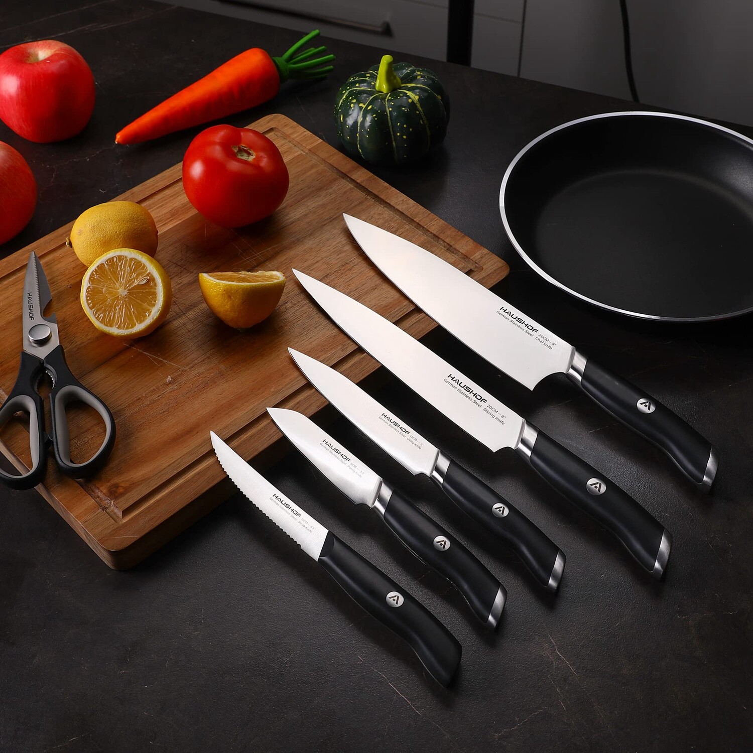 HAUSHOF 15-Pieces Kitchen Knife Set Stainless Steel w/ Sharpener Rod &Wood Block