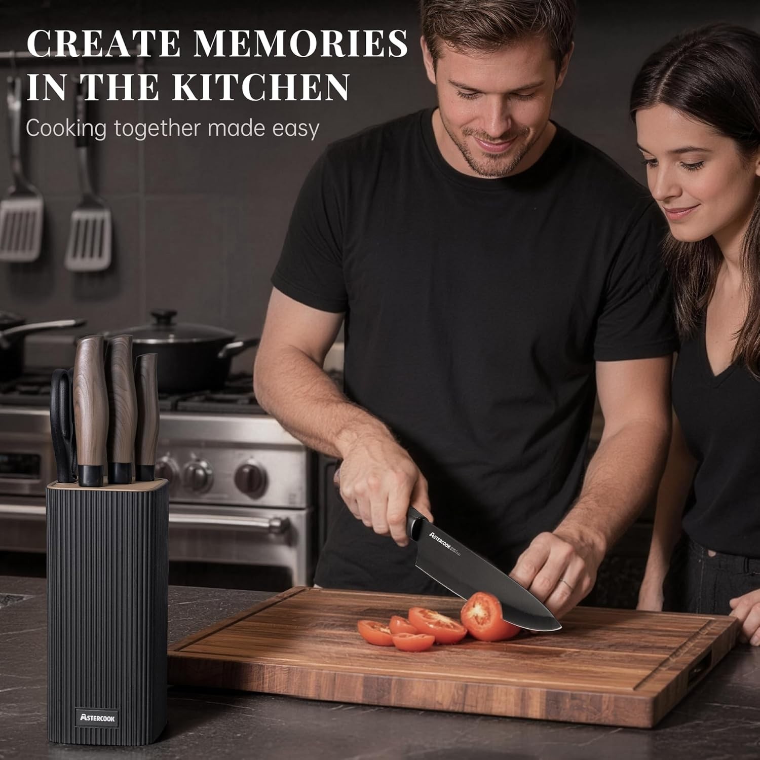 Elegant 6-Piece Kitchen Knife Set with Ergonomic Wood Grain Handles, Black Block