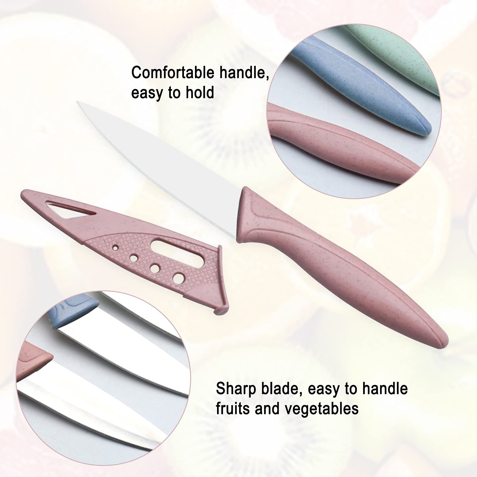 3 PCS Fruit Knife Small Sharp Durable Scabbard Paring Pink Blue Green