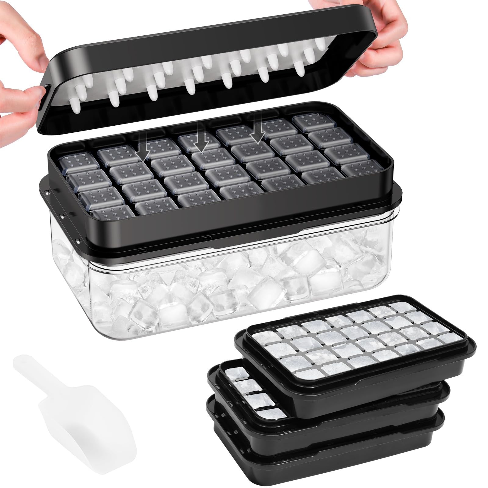 PHINOX Ice Cube Tray | 3-Pack Plastic Molds with Lid & Bin | 84 pc Capacity