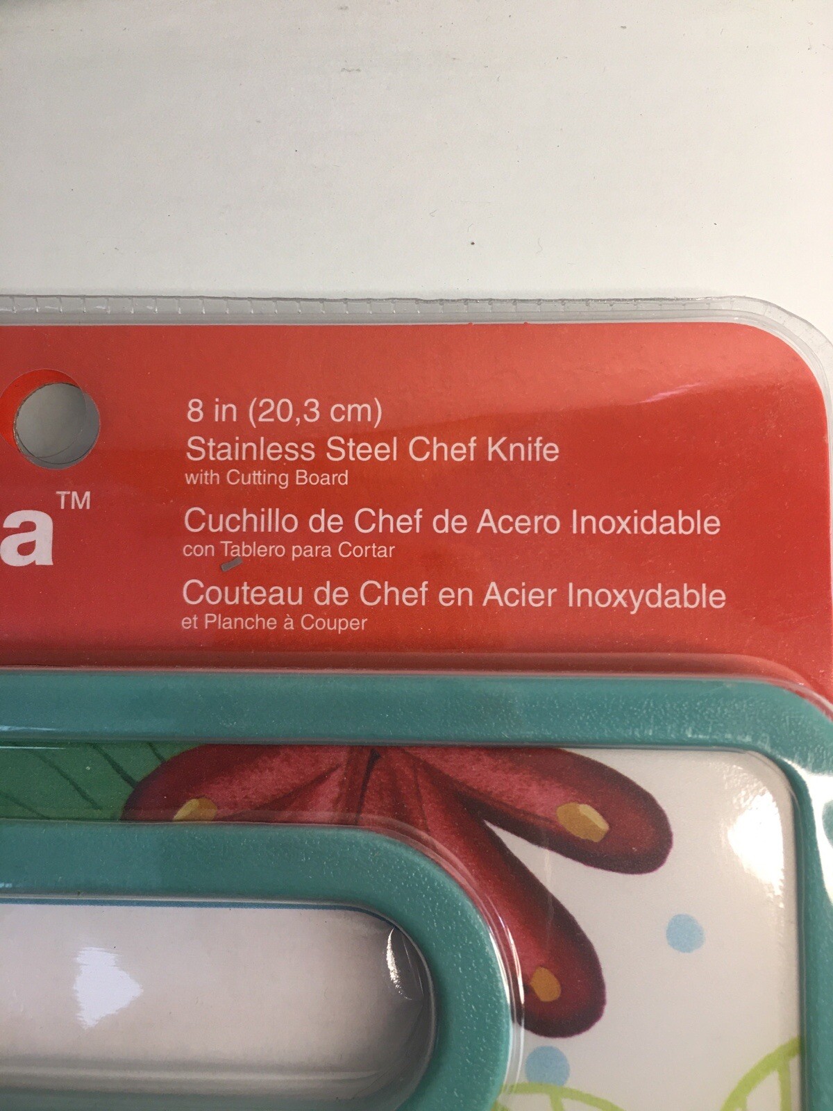 8″ Stainless Steel Chef Knife, Sheath + Cutting Board, Teal Floral Design NEW