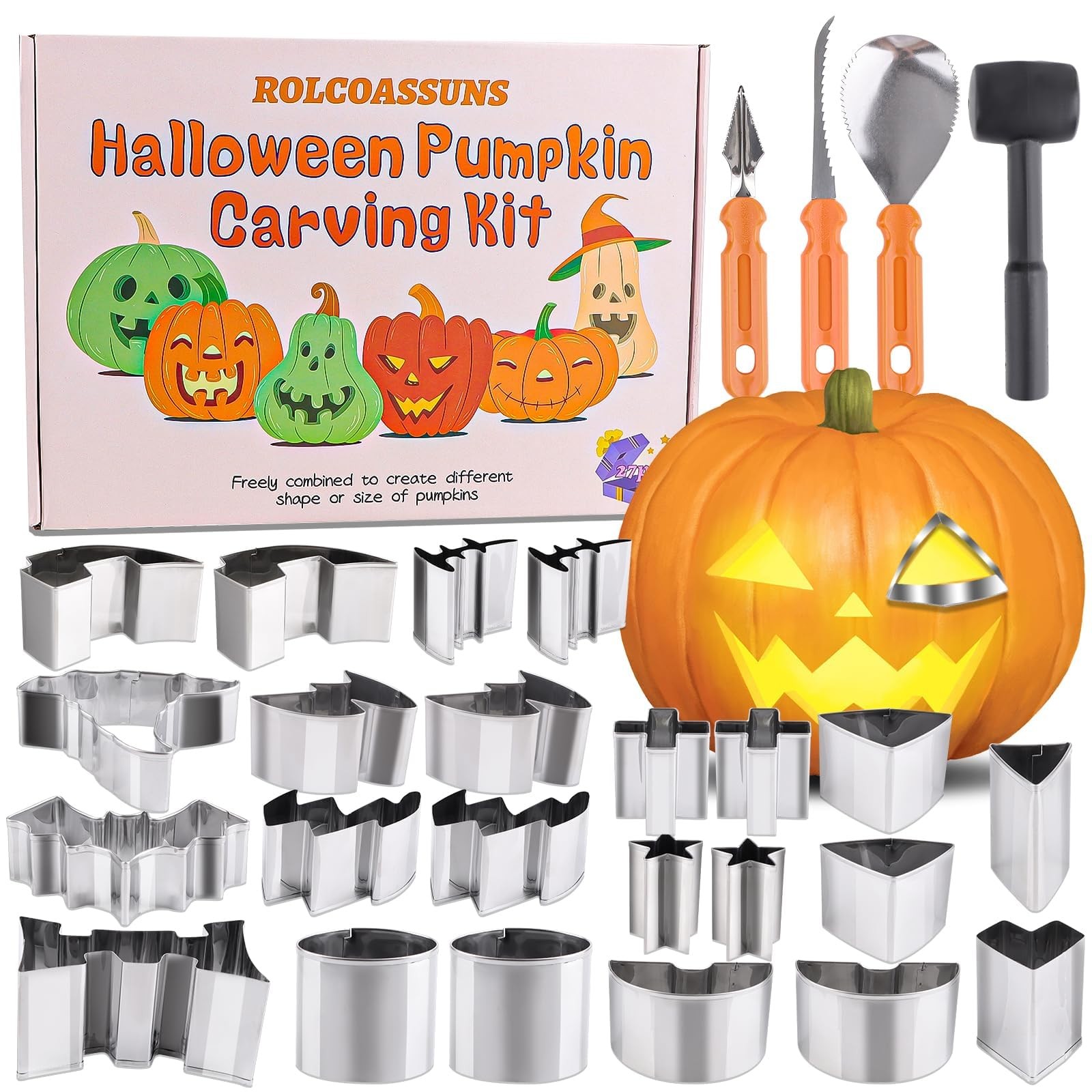 27 PCS Stainless Steel Halloween Pumpkin Carving Kit 23 Stencils 1 Mallet