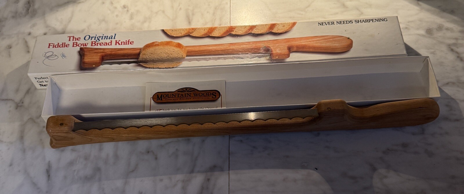 Mountain Woods The Original Fiddle Bow Bread Knife Cherry Wood Right Hand W/ Box