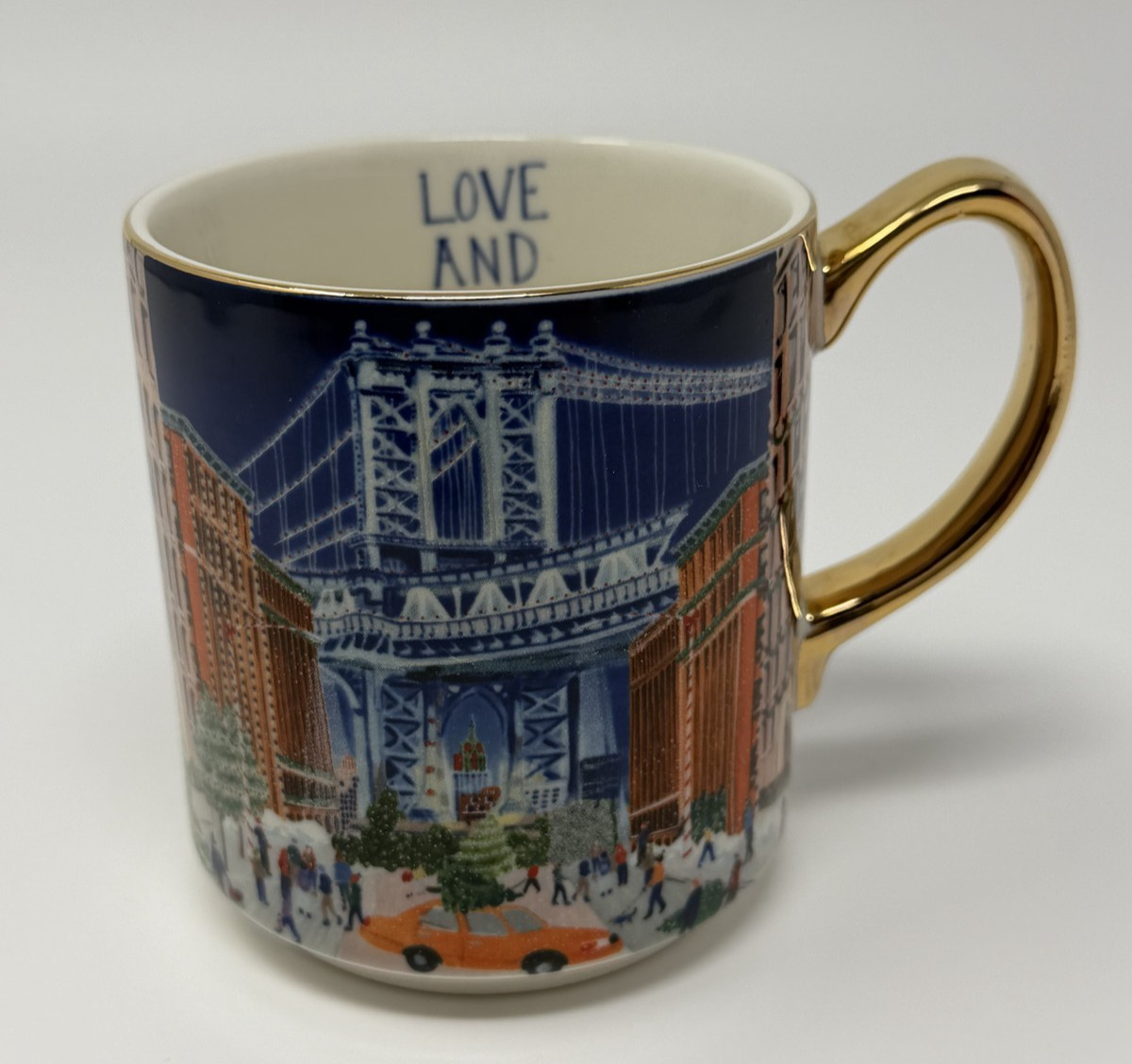Anthropologie Love and Happiness From NYC 2024 Mug Manhattan Bridge Gold Handle