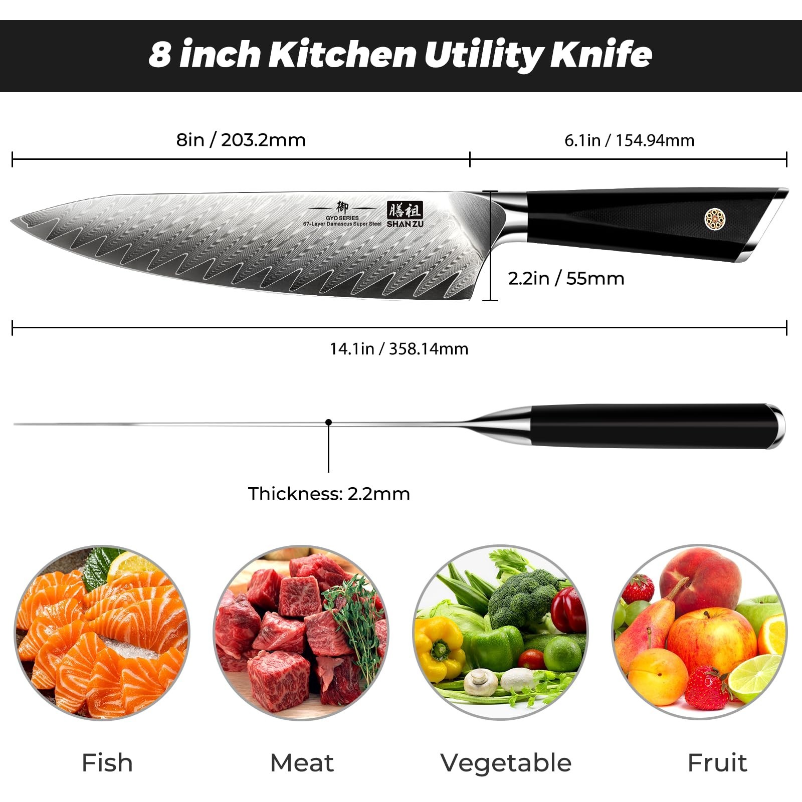 SHAN ZU 8 in Chefs Knife Damascus Kitchen Knife Ultra Sharp Japanese Chef Knives