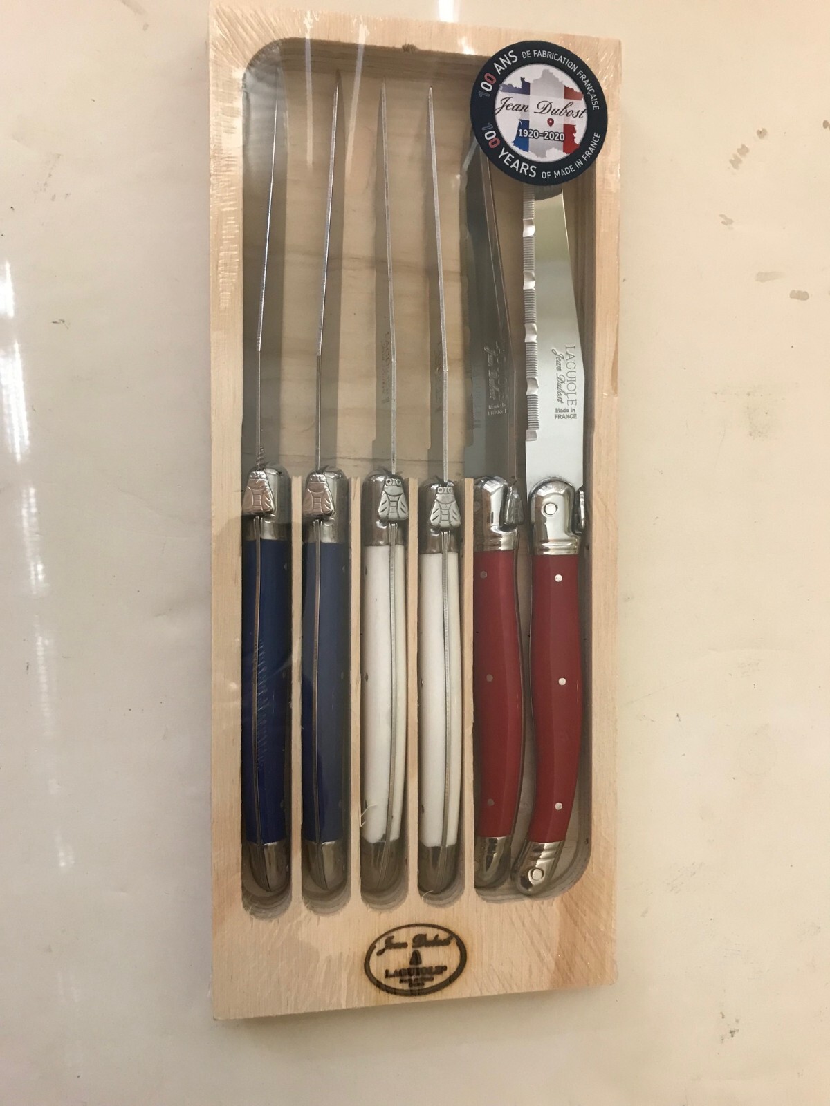 Set of 6 authentic French Jean Dubost Laguiole steak knives blue white red NEW