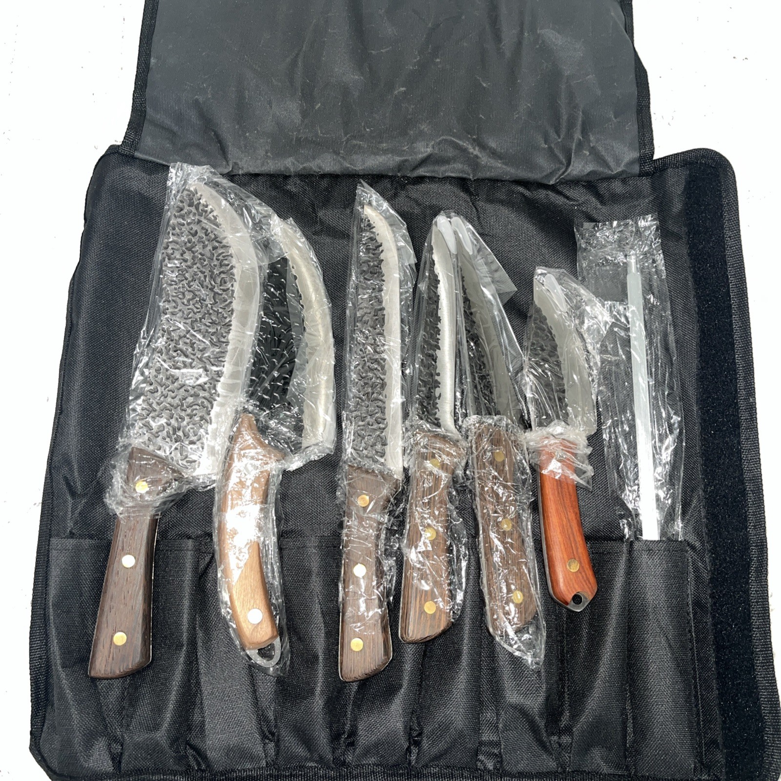 NEW!! 7-Piece Kitchen Knife Set w/ Knife Roll Case, Wood Handles Handmade