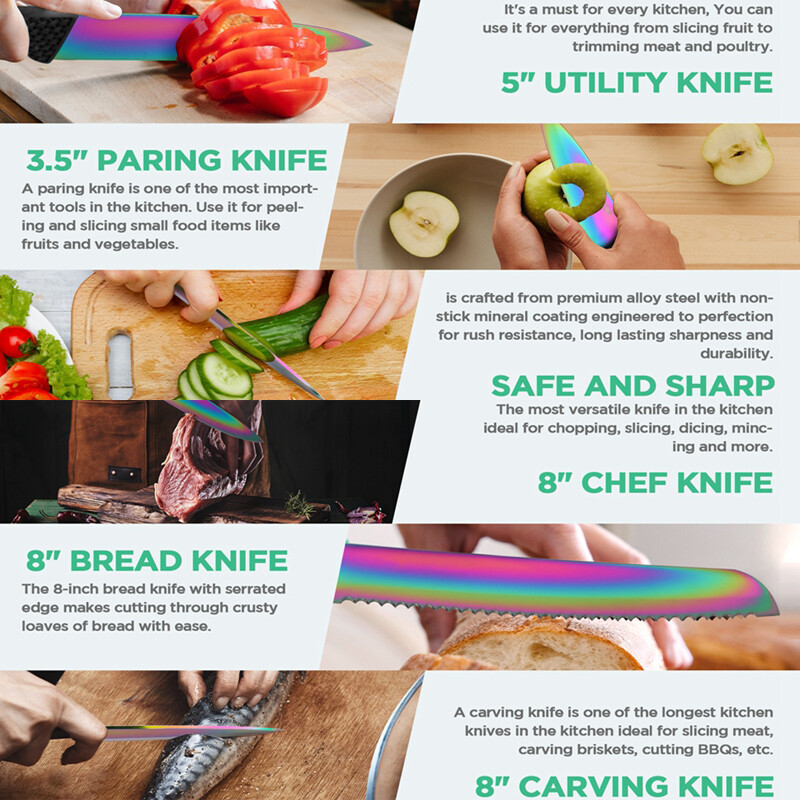 HAUSHOF 5PCS Kitchen Knife Set Rainbow Knife Sets with Arcylic Block for Slicing