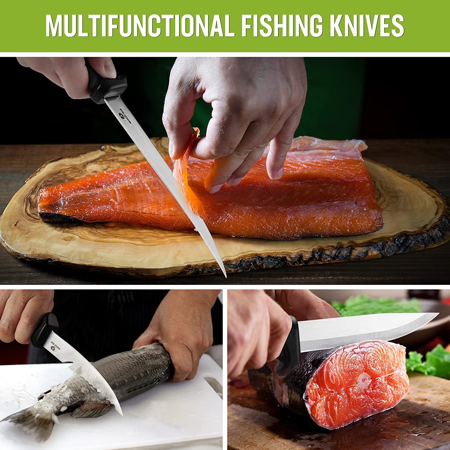 Mossy Oak 3PCS Stainless Steel Fishing Knife Set Filet Knife w/Protective Sheath