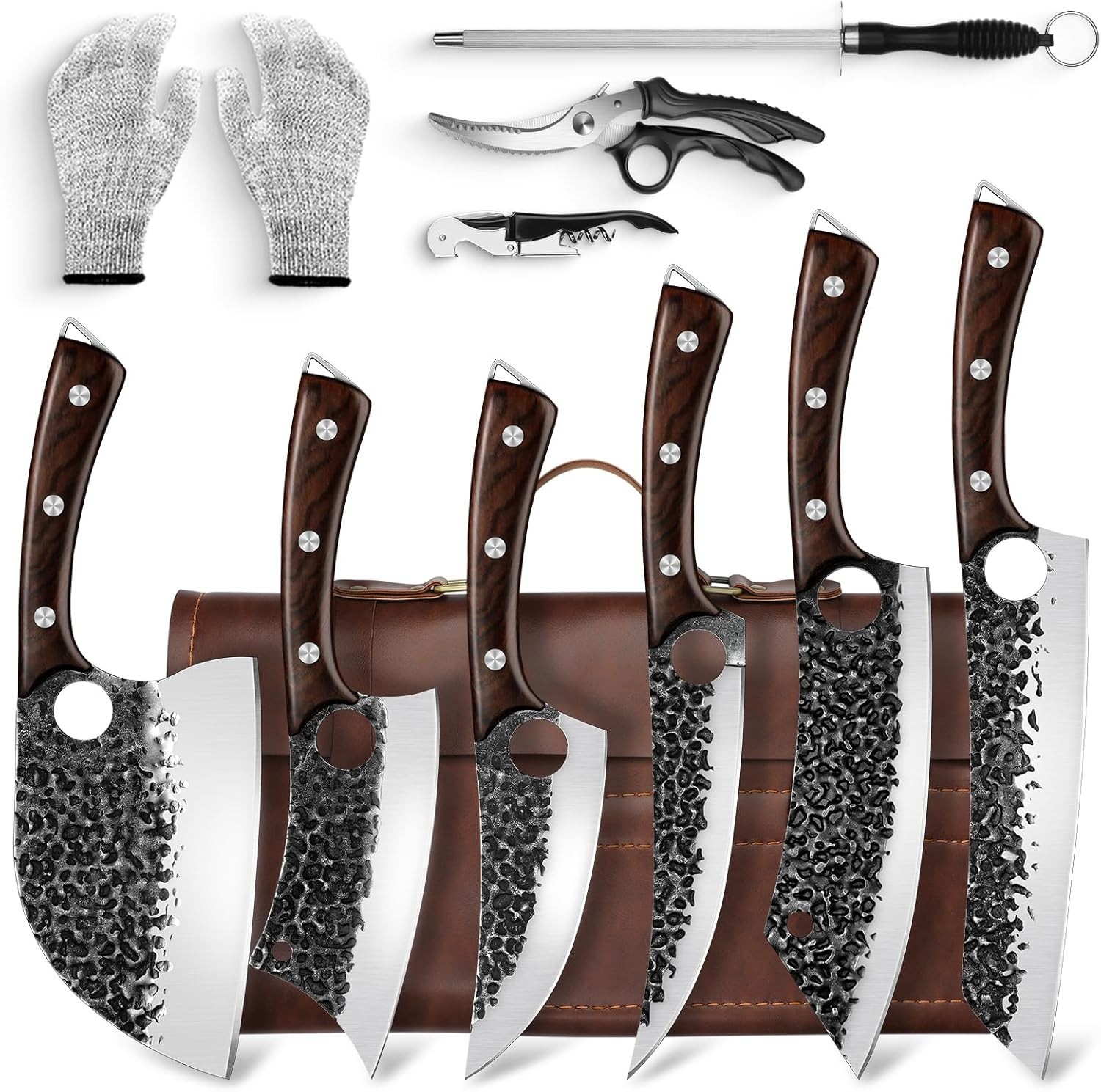 Serbian Chef Knife Set Hand Forged Butcher Knife Set with Bag Brisket & Trimming