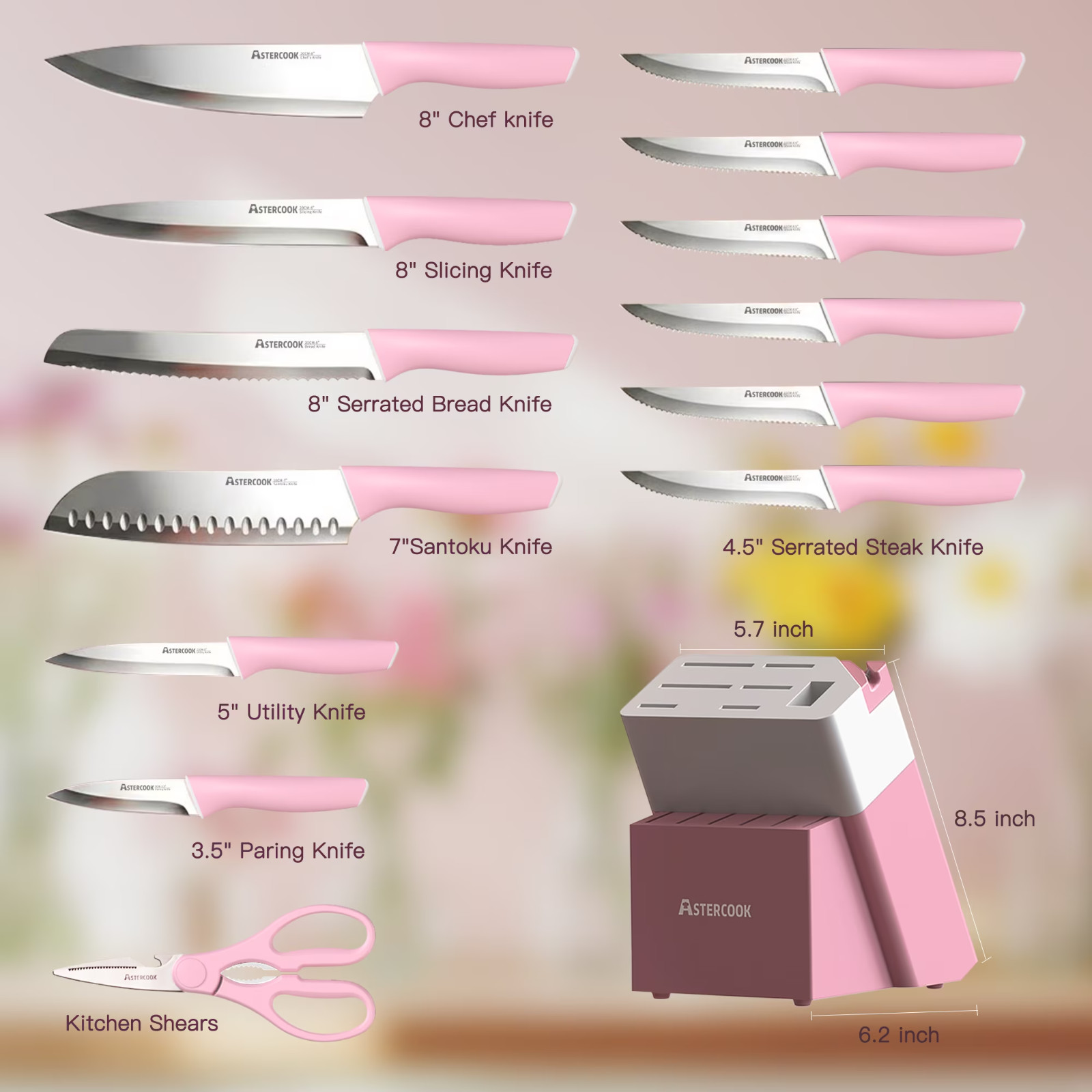 Astercook Knife Set, 14 Pieces Kitchen Knives Set with Healthy Anti-Rust Coating