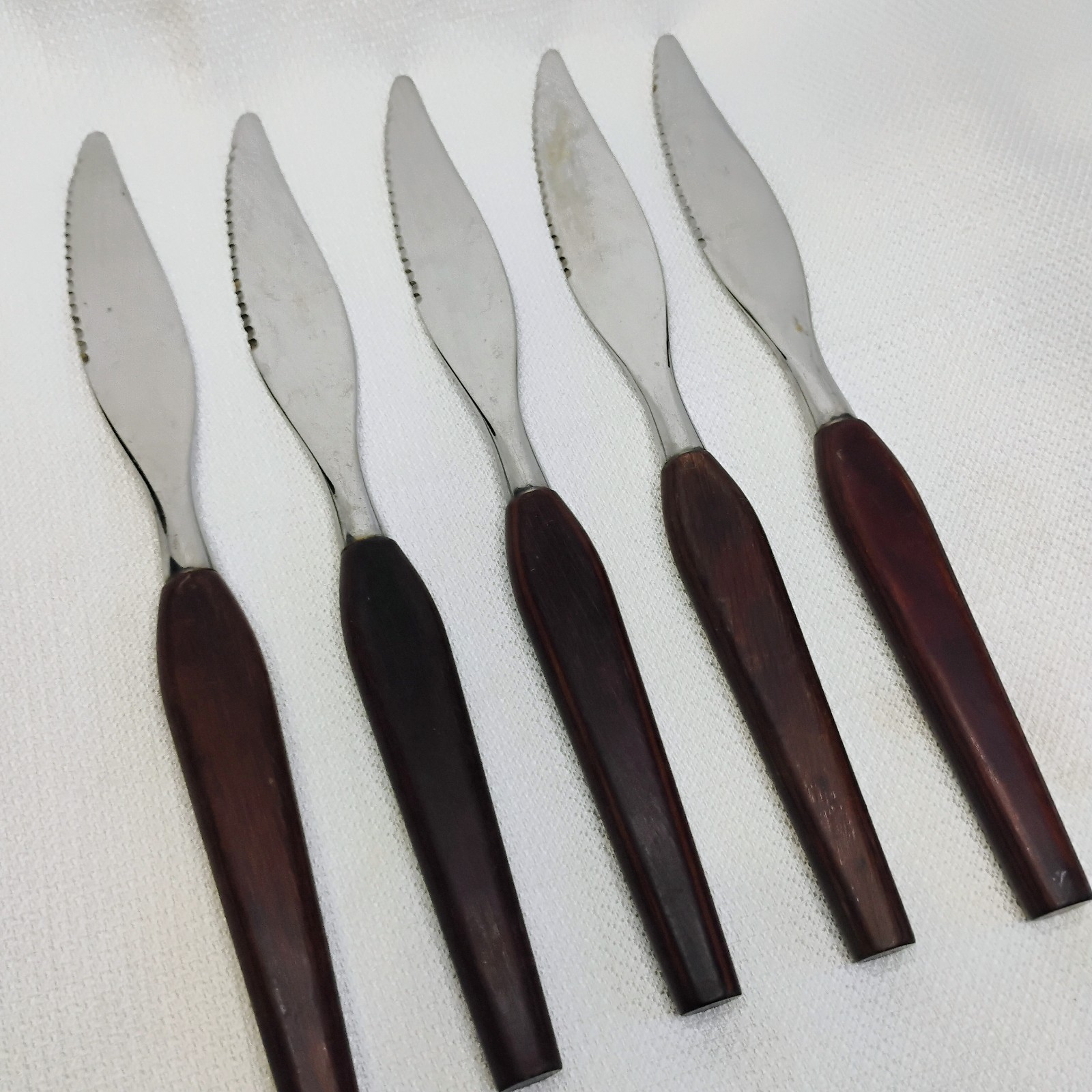 Vintage Teak Wood Fleetwood Designs Stainless Steak Knives Set of 5 8.25″ MCM