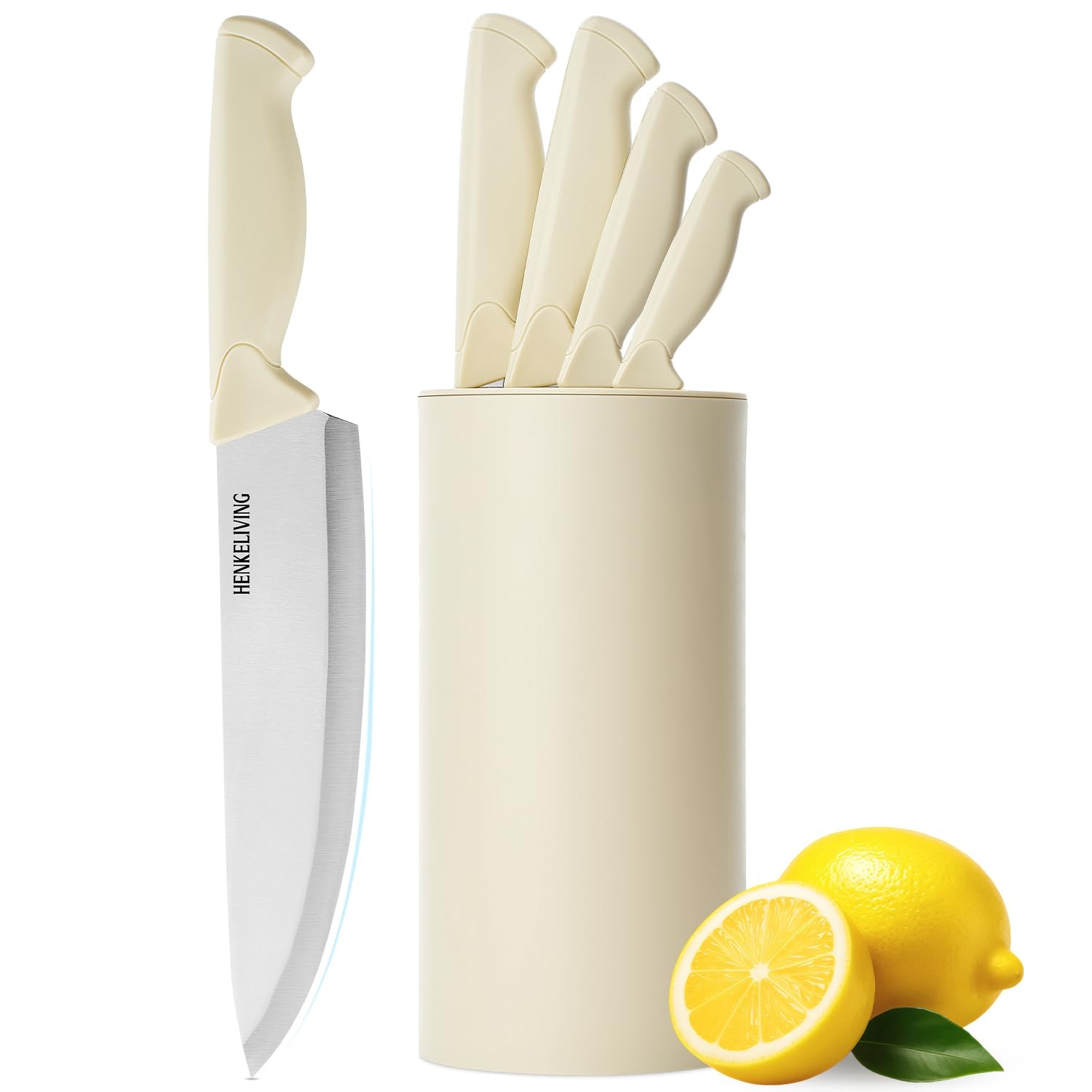 6 PCS High Carbon Stainless Steel Kitchen Knife Block Set Easy Clean Cream