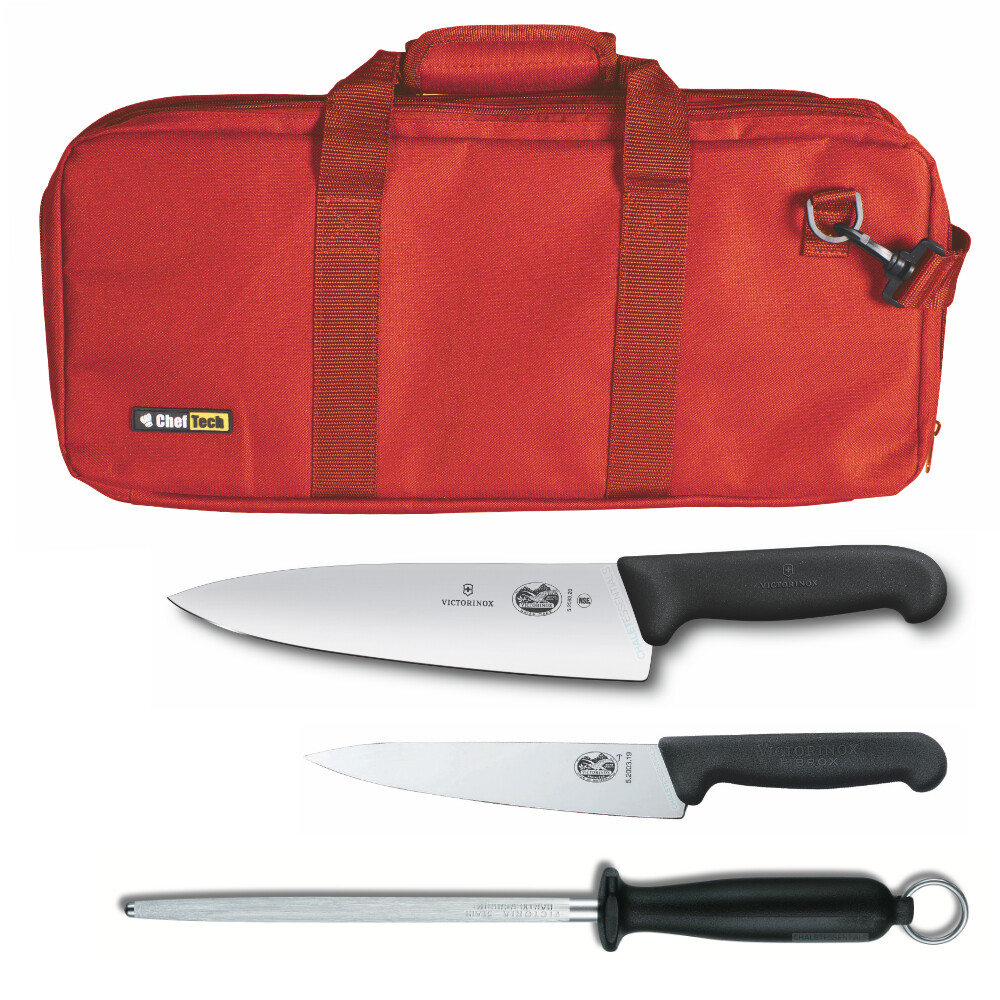 4pc Chef Starter Knife Set Red Bag & Victorinox 15cm Cook & 20cm Knives & Steel