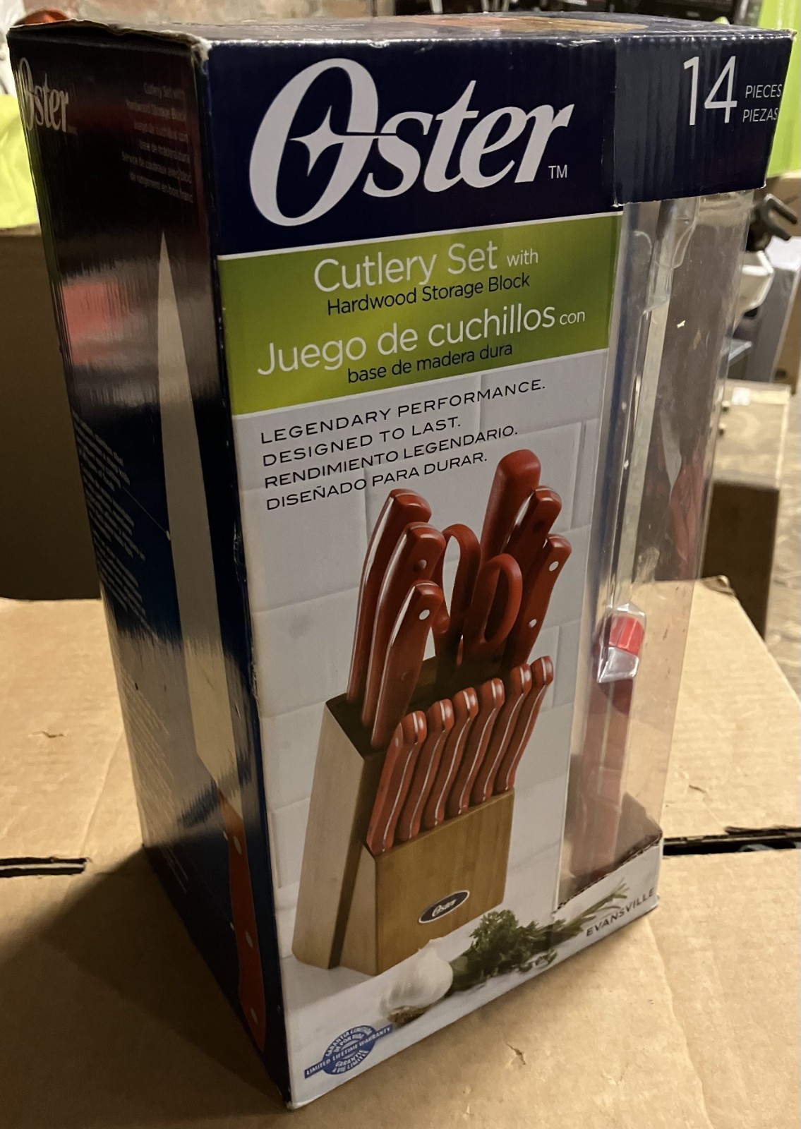 Oster Evansville 14 Piece Stainless Steel Cutlery Set w Red Handles