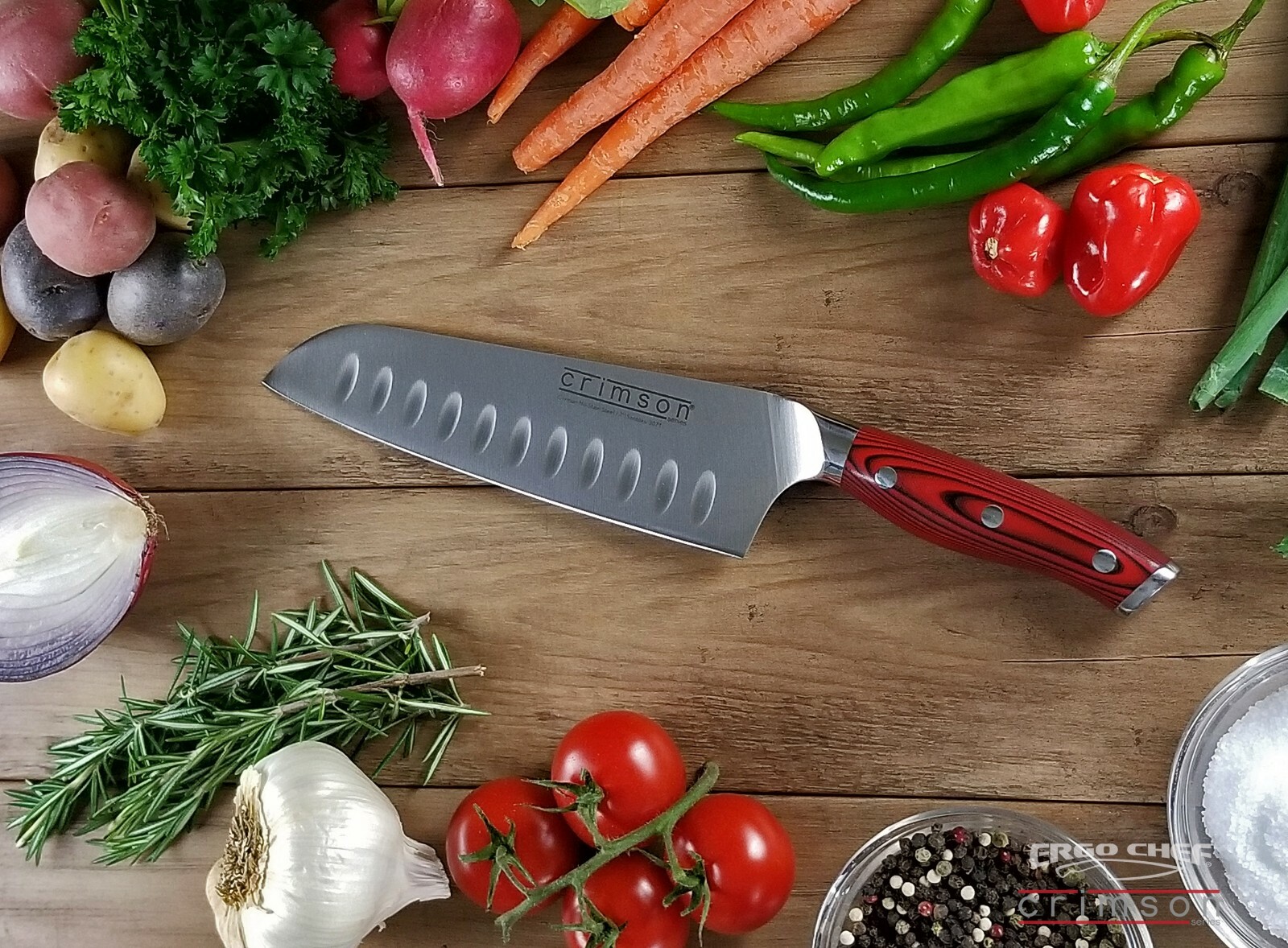 Ergo Chef Crimson Series 7″ Santoku Knife German Steel G10 Handle Granton Edge