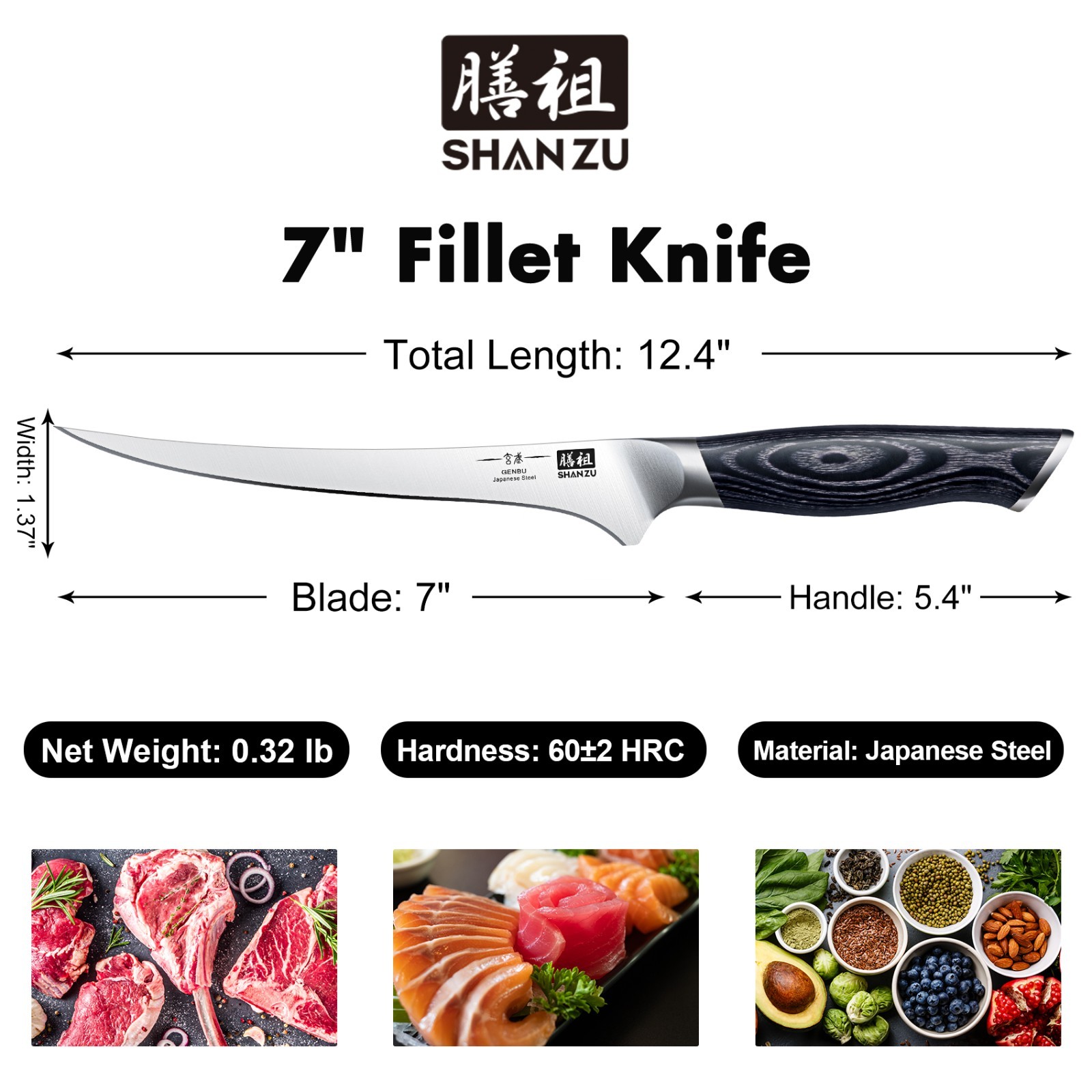 SHAN ZU 7In Fillet Knife Japanese Super Steel Boning Knife with Ergonomic Handle