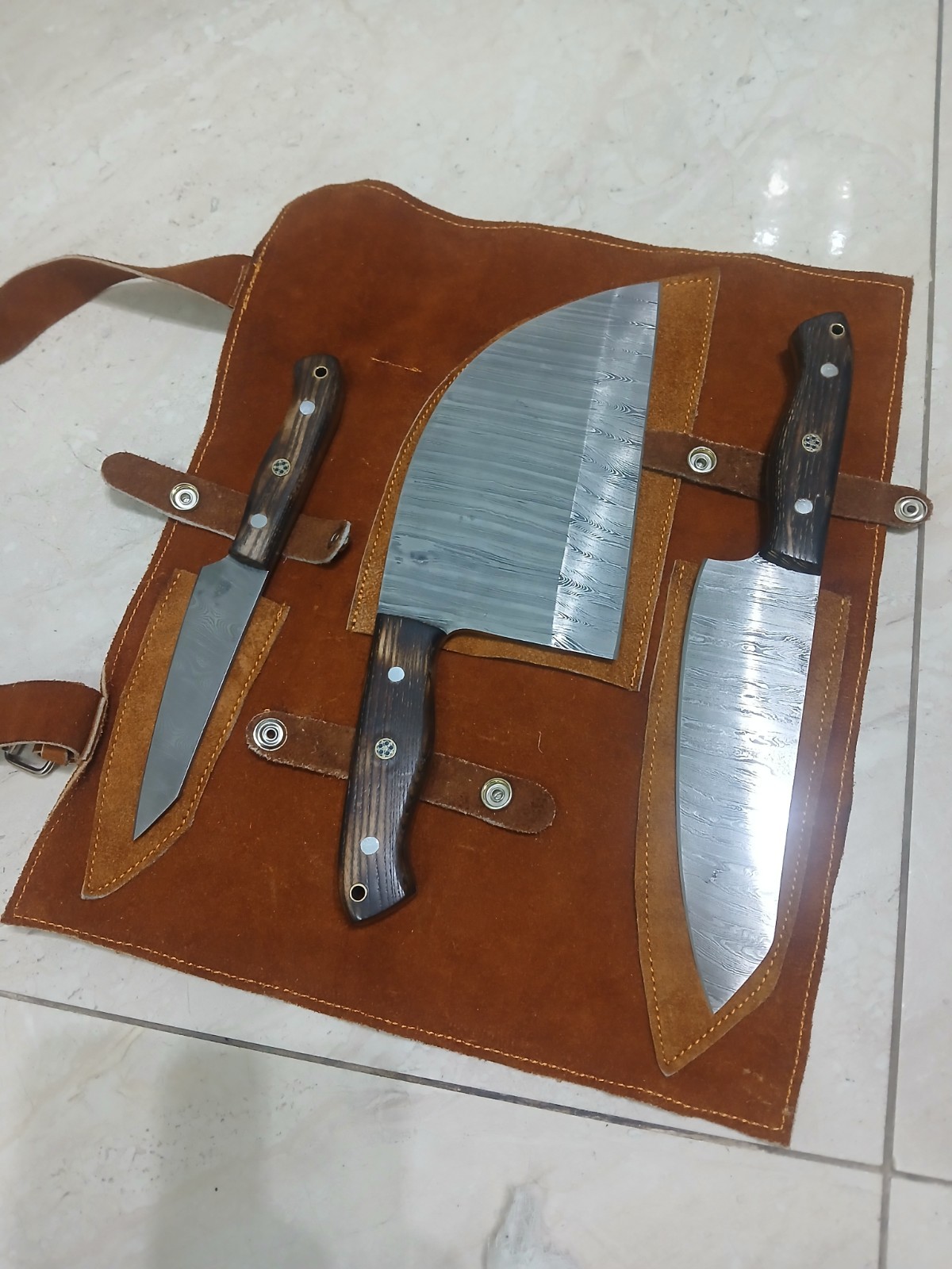Damascus Kitchen Knife Set with leather pouch custom paid shipping for USA