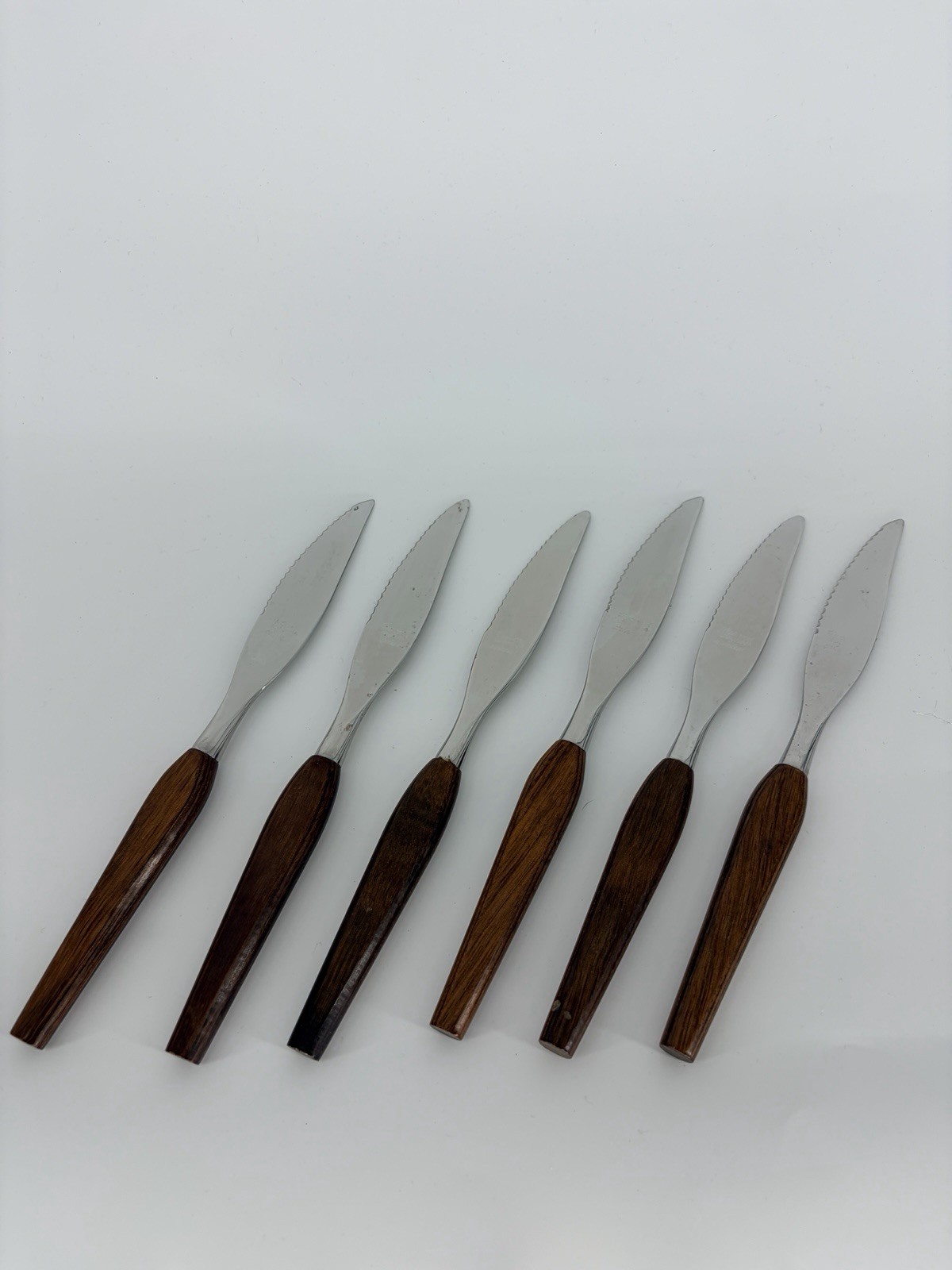 Fleetwood Designs Serrated Knife Set (6) Danish Mid Century Teak Stainless