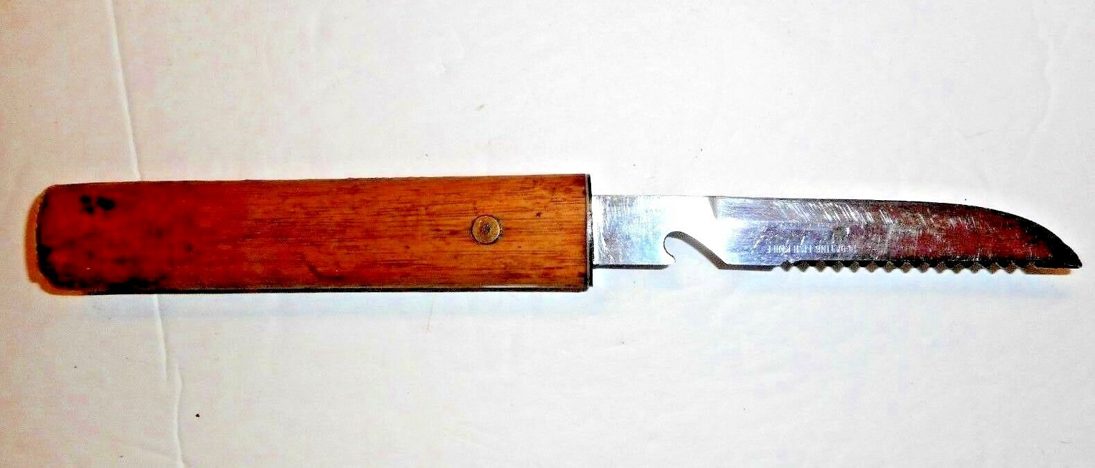 Floating Fish KNIFE w/ Bottle Opener Wood Handle Double edged 10″ Vintage Japan