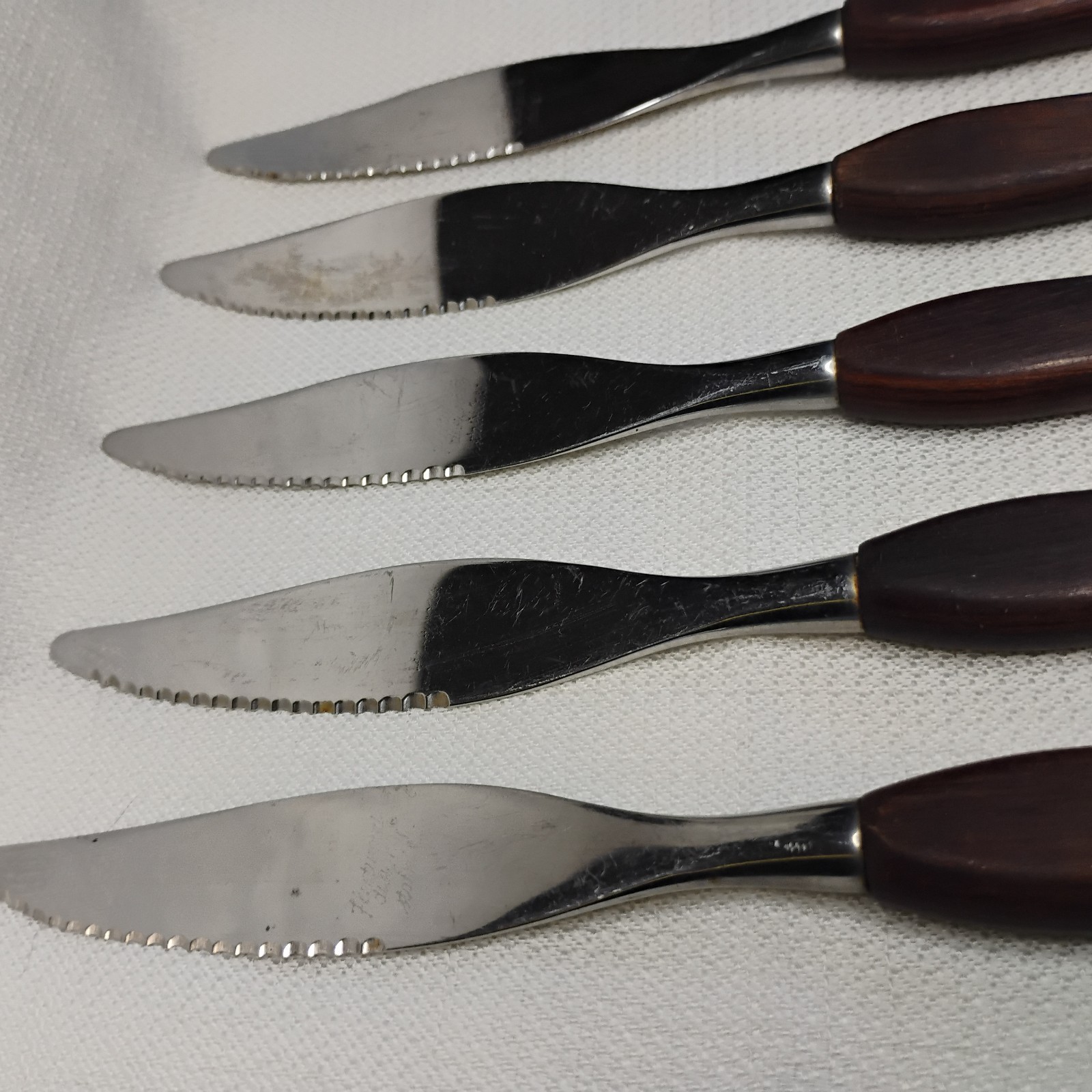 Vintage Teak Wood Fleetwood Designs Stainless Steak Knives Set of 5 8.25″ MCM