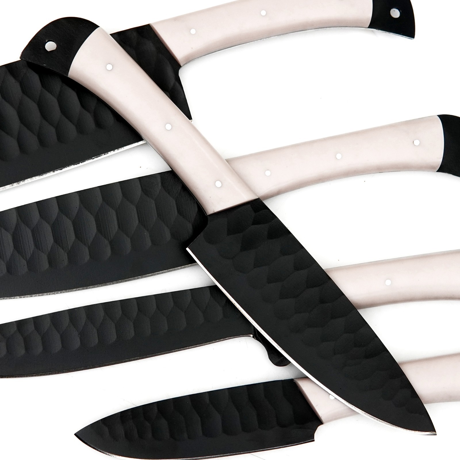 CUSTOM HANDMADE D2 HAMMERED PATTERN 5 PIECES CHEF SET WITH LEATHER CARRYING BAG