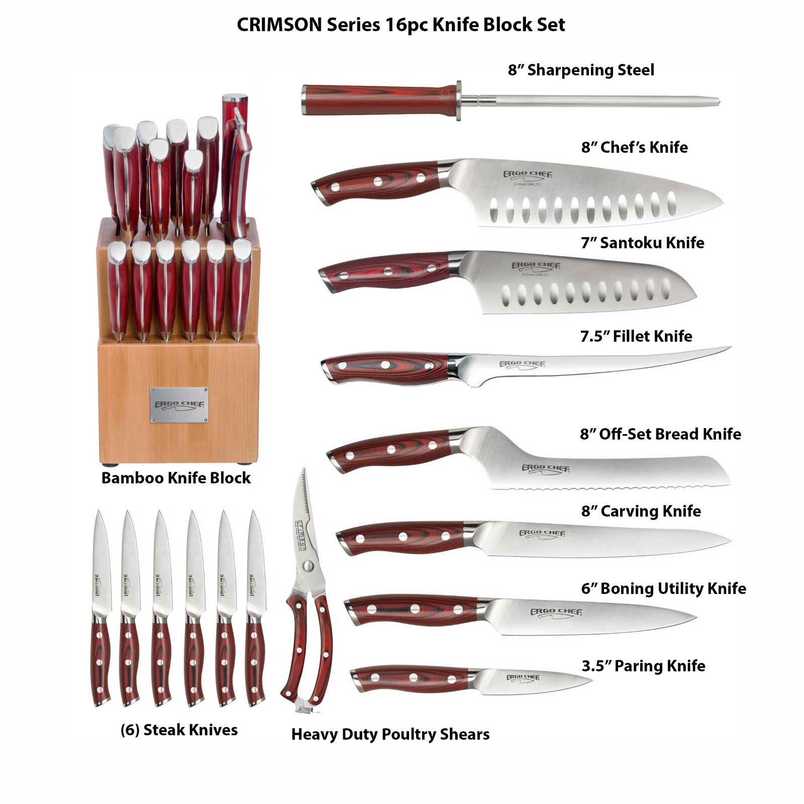 16 pc. Bamboo Block knife set G10 Handles German Steel CRIMSON Series Ergo Chef