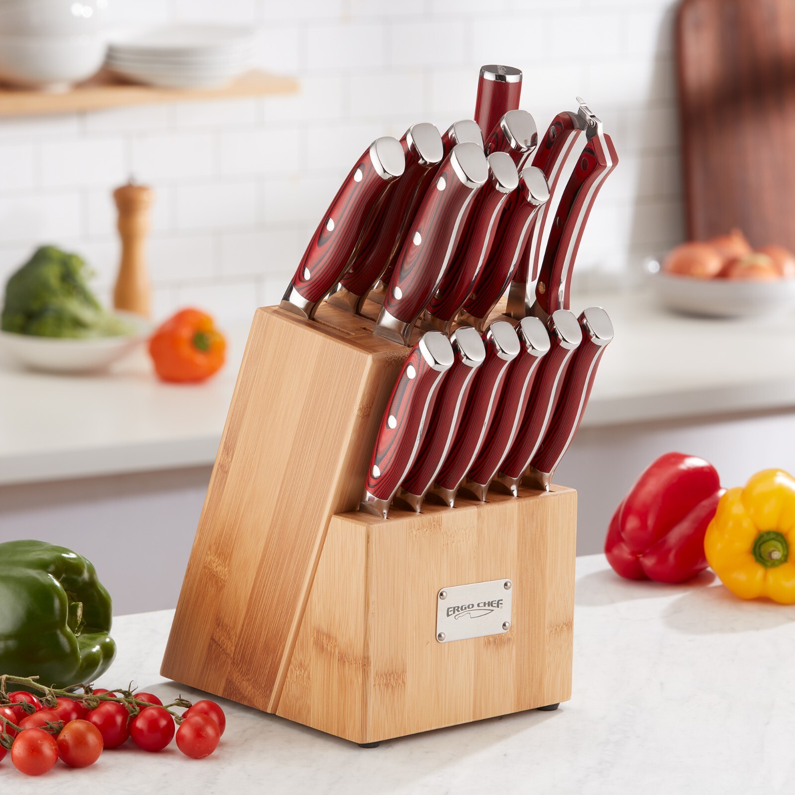 16 pc. Bamboo Block knife set G10 Handles German Steel CRIMSON Series Ergo Chef