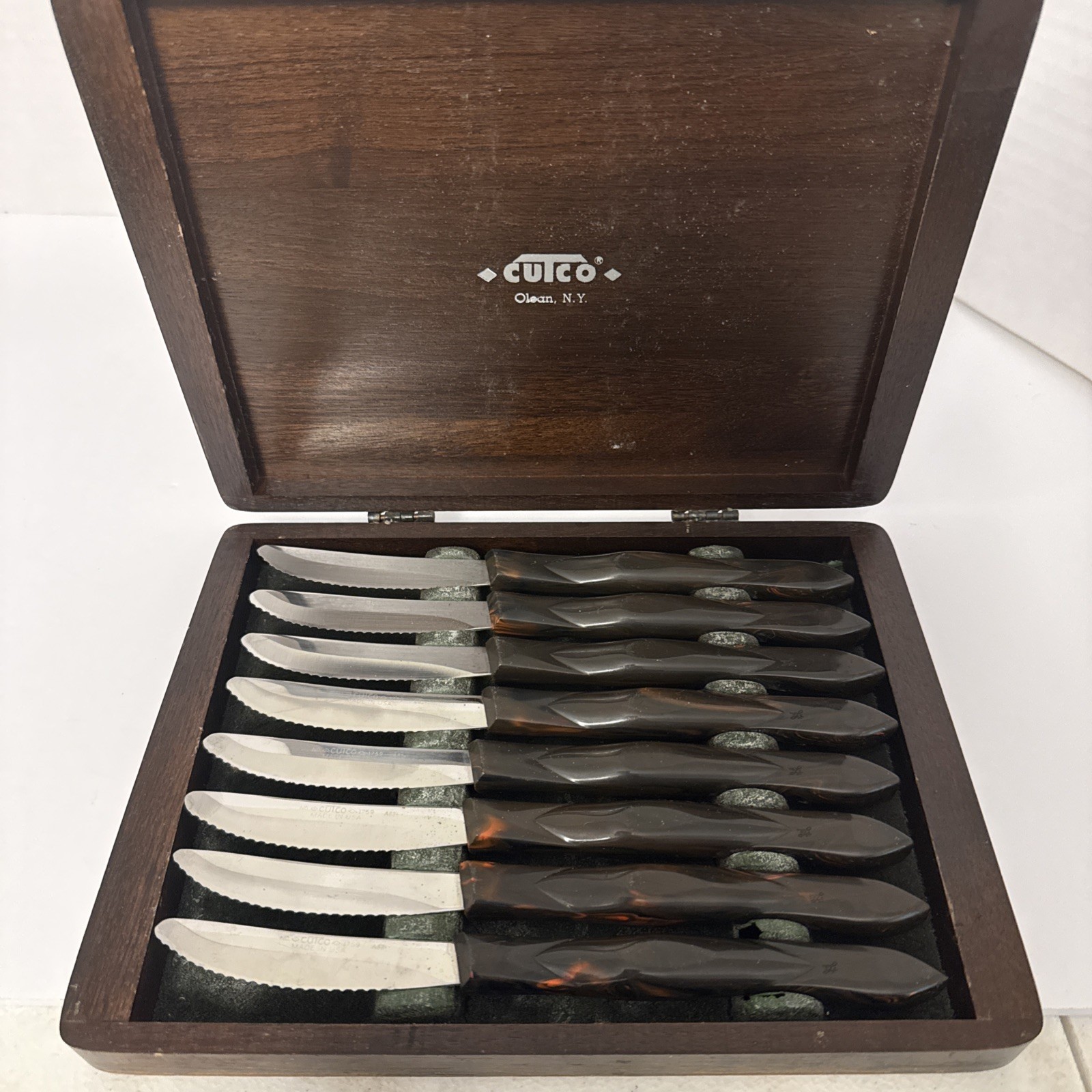 Vtg Set of 8 Cutco 1759 D79 Brown Orange Swirl Steak Knives Original Wood Box