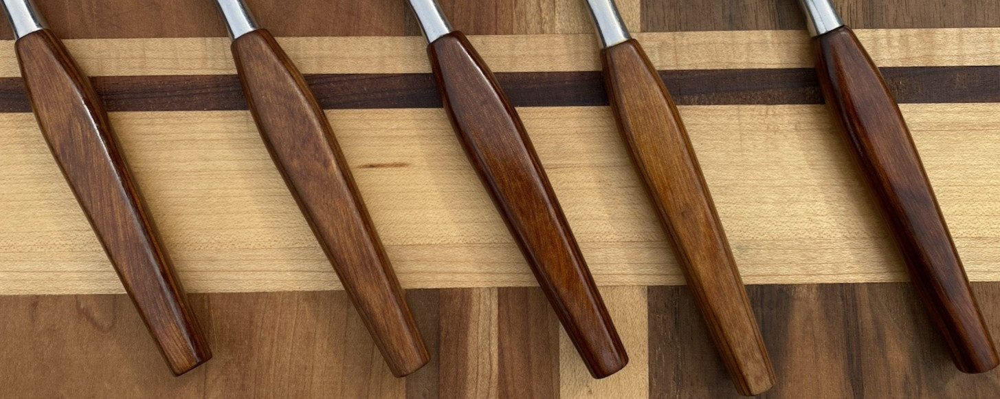 5 1960s MODERNE COLOMBIA STAINLESS KNIVES 4-steak 1-butter MCM Danish-Style Teak