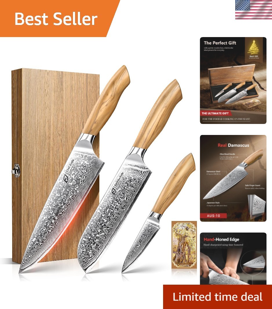 Elegant 3-Piece Damascus Kitchen Knife Set with Olive Wood Handles & Gift Box